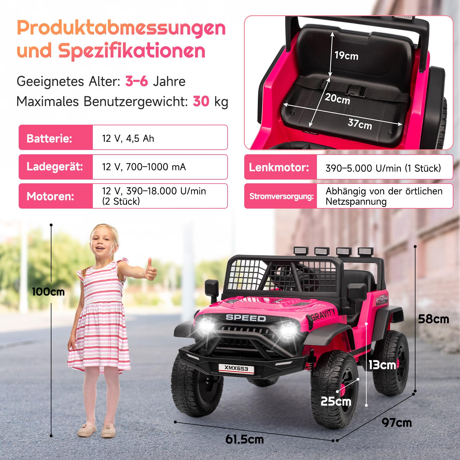 HAUSPROFI Elektroauto für Kinder, Elektro Kinderauto mit Fernbedienung, 12V 4,5AH Batterie, Geschwindigkeitsstufen, Musik, Bluetooth, LED-Leuchten und Sicherheitsgurt, für Kinder ab 3-6 Jahren (Rosa)