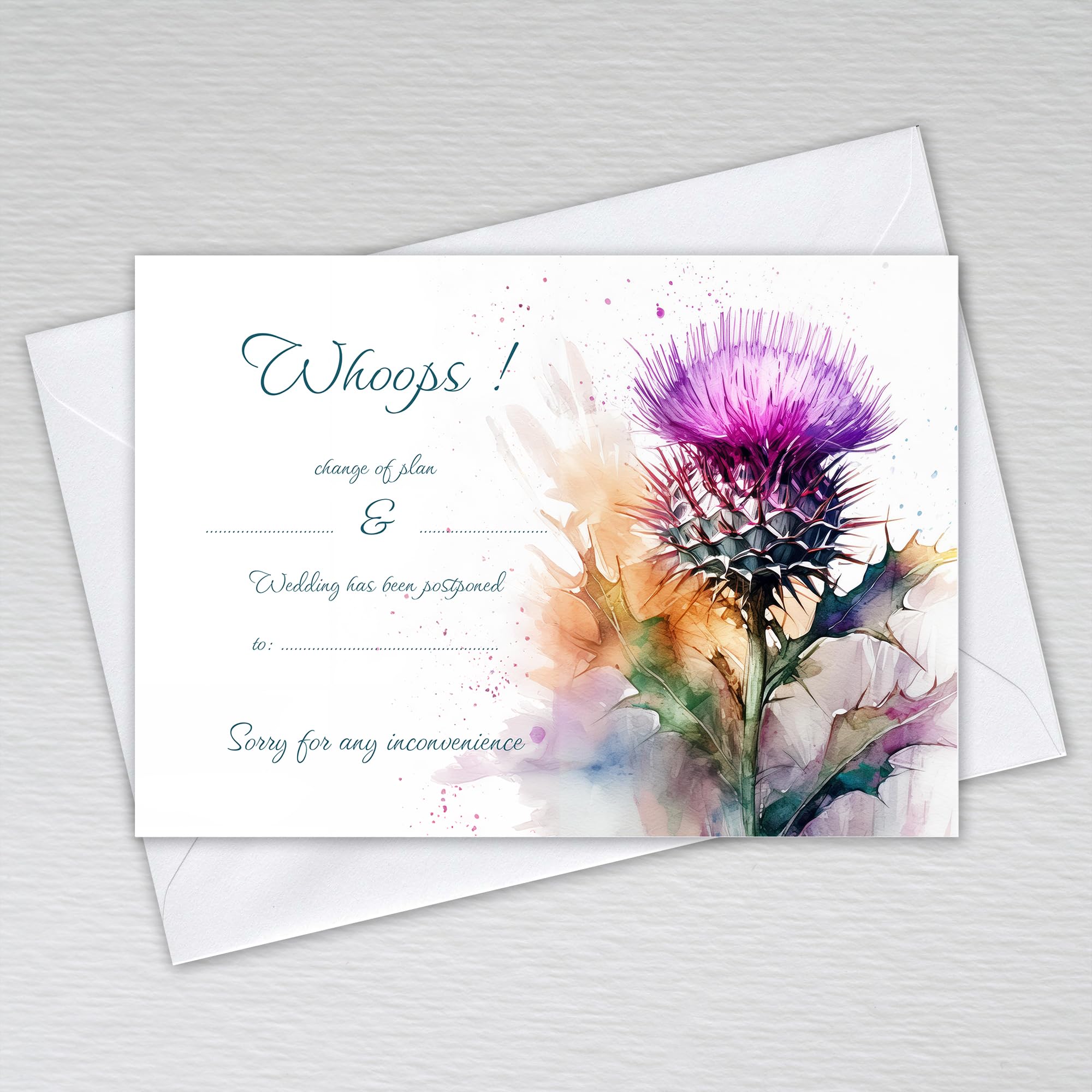 Scottish Change the Date Cards with Envelopes/Change of Plan Scotland Flower Theme: Scottish Thistle Wedding Postponal Cards (Pack of 50 with Envelopes)