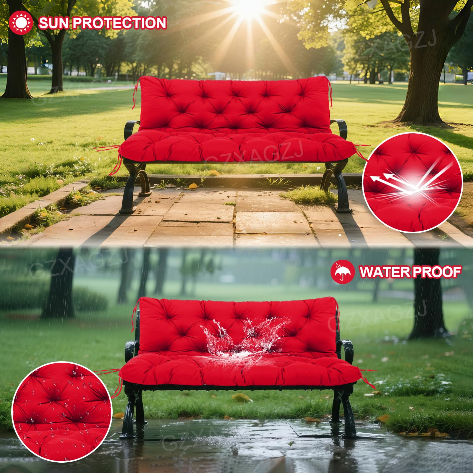 GZXAGZJ Porch Swing Cushions Outdoor 60 inch Waterproof Thicken 5" Swing Cushions Replacement with Backrest and Ties for Outdoor Furniture Porch Patio Garden Lawn (Bright red)