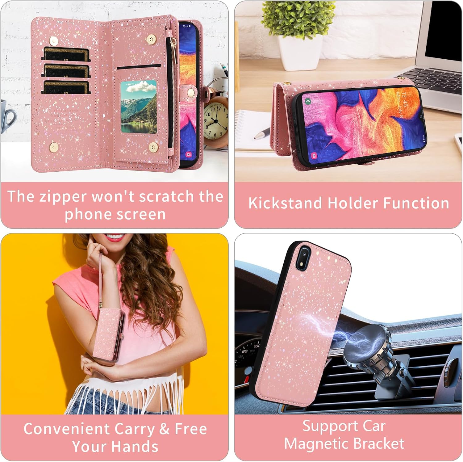 Asuwish Phone Case for Samsung Galaxy A10e Zipper Wallet Magnetic Detachable Cover with Tempered Glass Screen Protector and Glitter Card Holder Stand Cell Accessories A 10e 10ae S102DL Women Men Pink