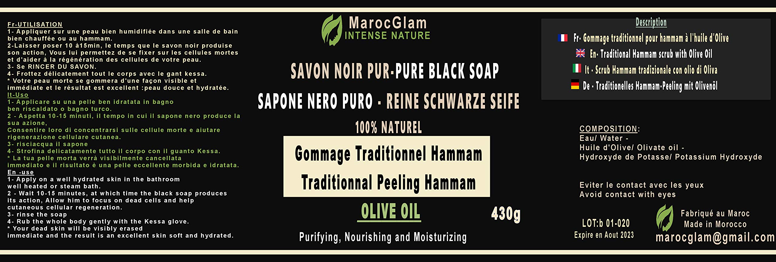 Savon Noir Gommage 470g + Gant Kessa OFFERT, à l'huile d'olive 100% NATUREL, HAMMAM ET SPA, TRADITIONNEL 100% PUR à l'huile d'olive - de la marque MAROC GLAM