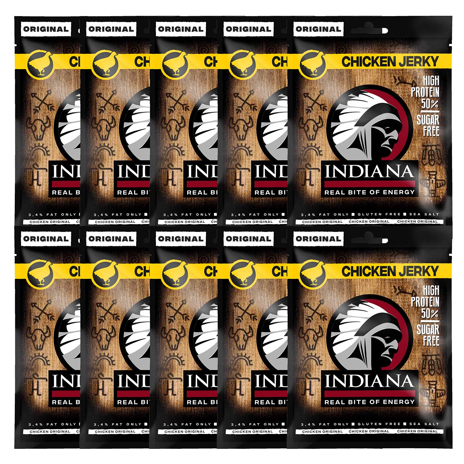 Indiana Chicken Jerky, Geschenkbox High Protein Trockenfleisch, ohne Zuckerzusatz, Glutenfrei (10 x 25g)
