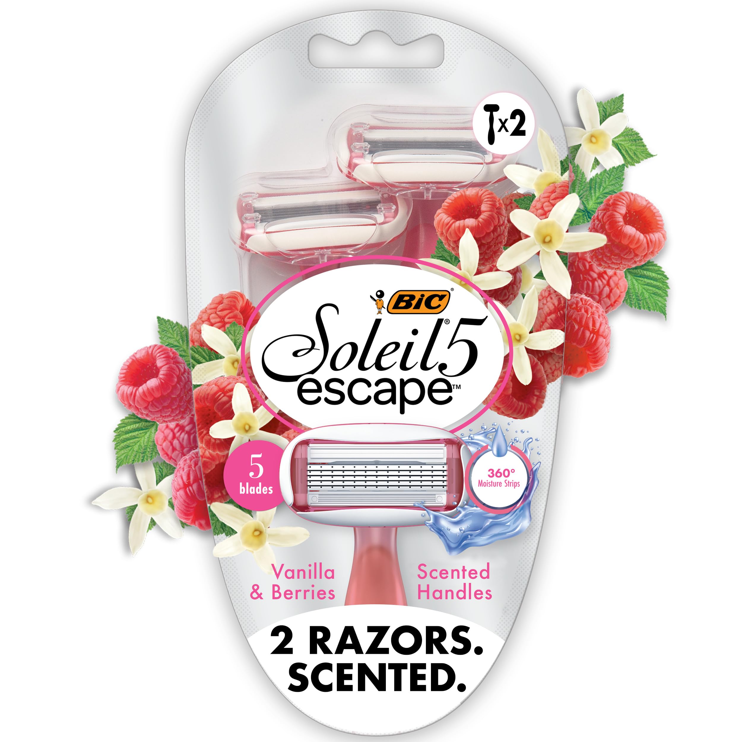 BIC Soleil 5 Escape Women's Disposable 5 Blade Razors, Vanilla and Berry Scented Handles, Comfort Shield, 2-Pack