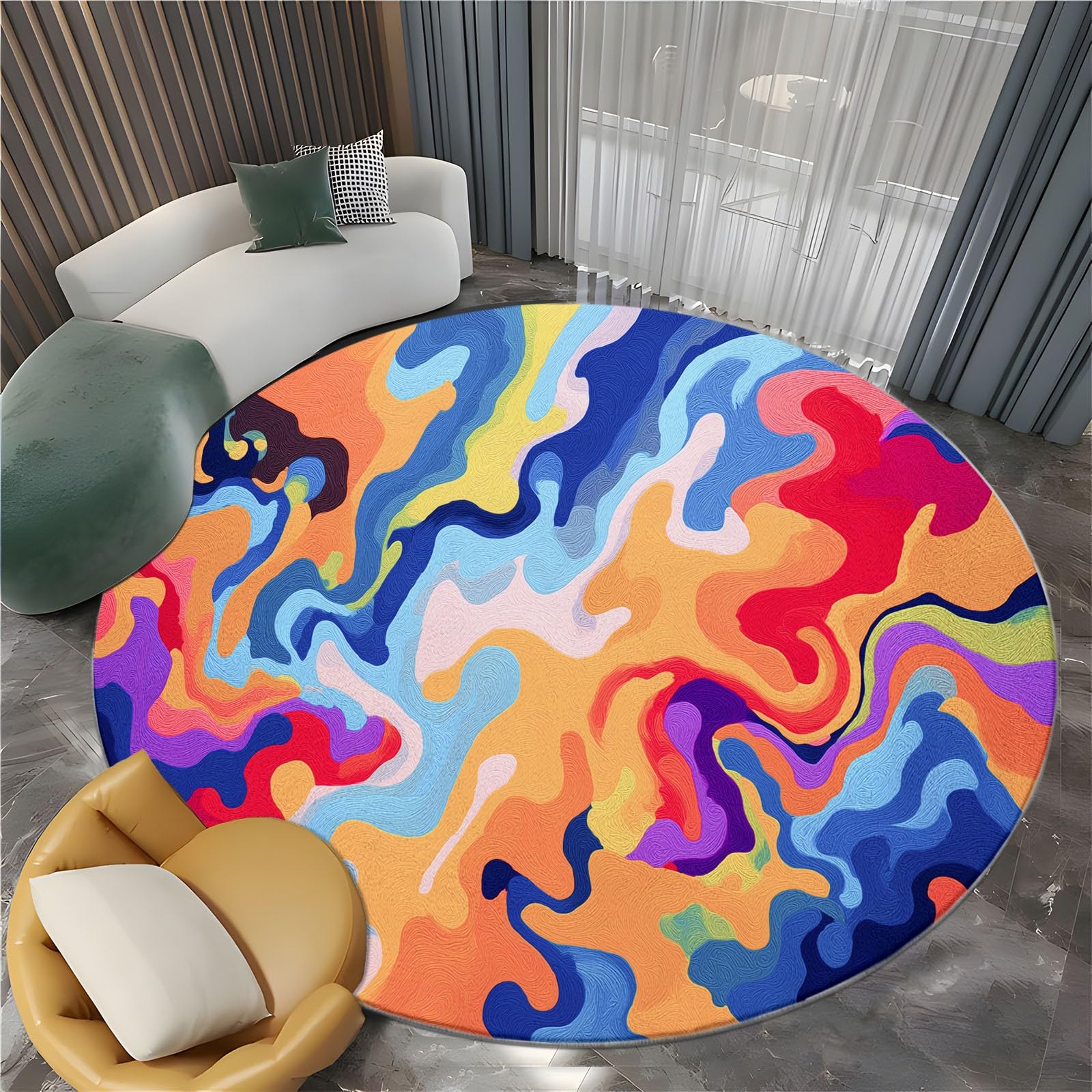 Mehrfarbig Teppich Rund Kurzflor 180 cm, Waschbare rutschfest Weich Abstrakt Bunter Spiralwirbel Linien Runder Teppiche Kinderteppich Wohnzimmer Bettvorleger Schlafzimmer