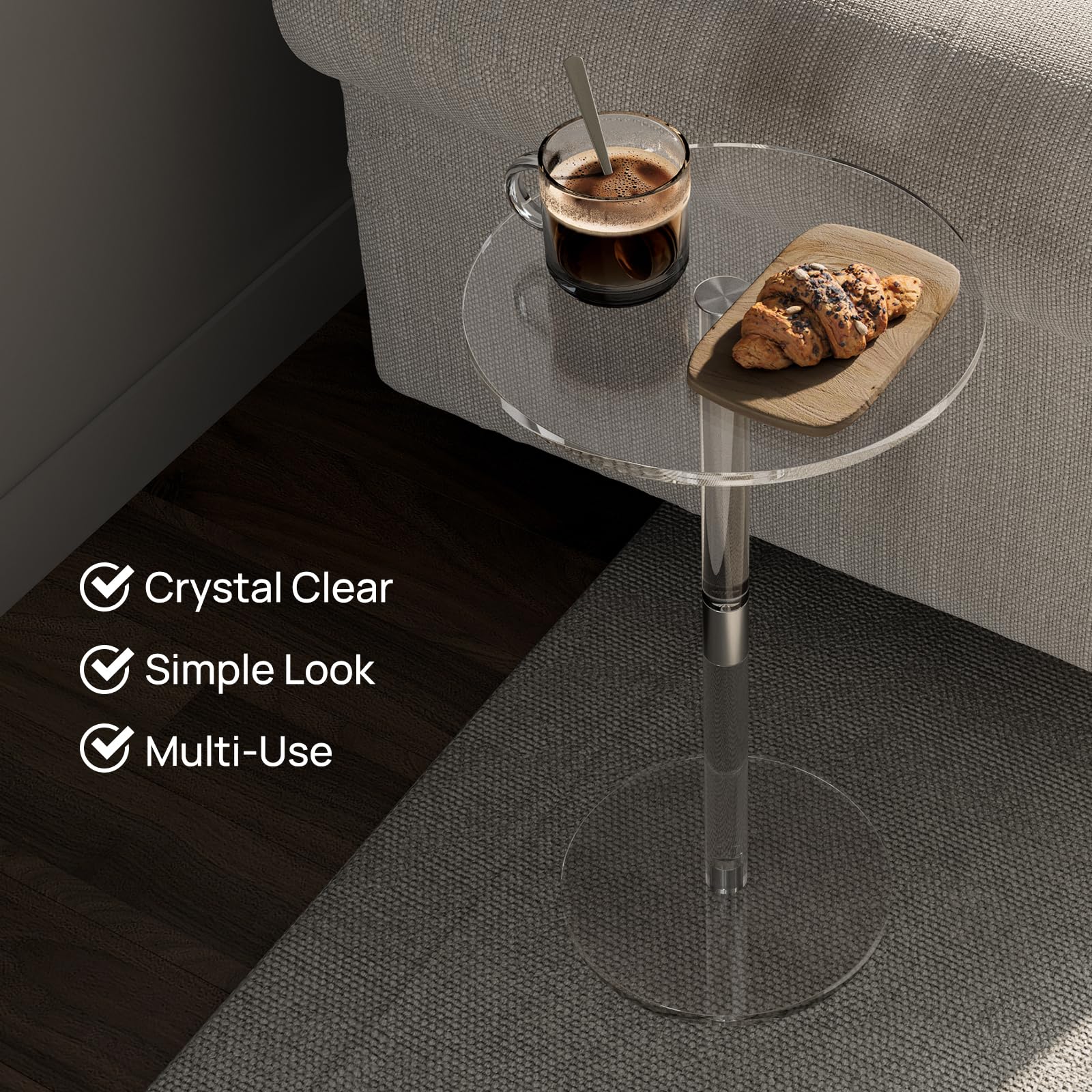 Mesa de bebida acrílica para espacios pequeños, 11.8 pulgadas de largo x 11.8 pulgadas de ancho x 21.3 pulgadas de alto, mesa auxiliar de pedestal transparente para sala de estar, redonda, 5