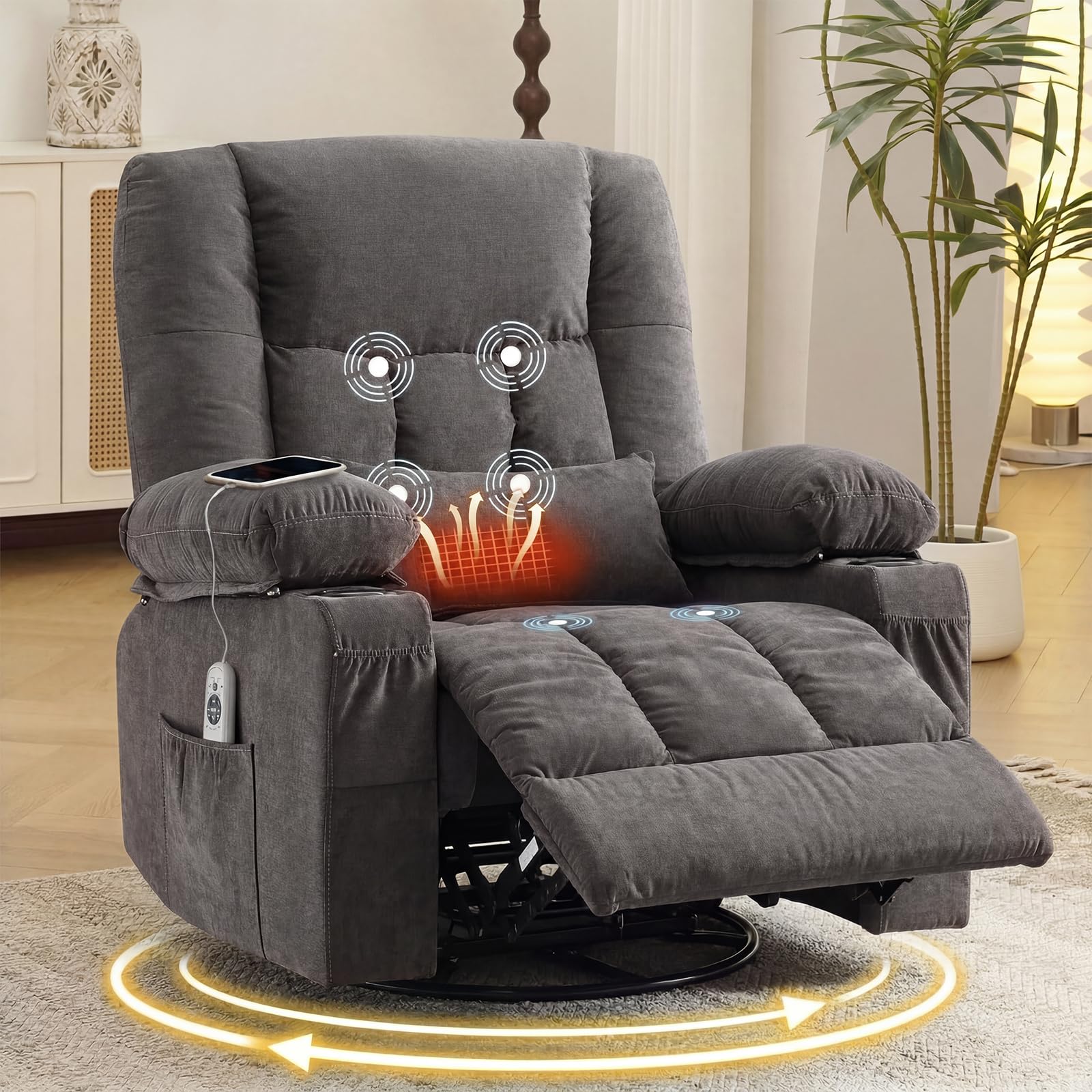 Swivel Rocker Recliner Chair with Vibration Massage and Heat Ergonomic Lounge Chair for Living Room with Rocking Function and Side Pocket, 2 Cup Holders, USB Charge Port
