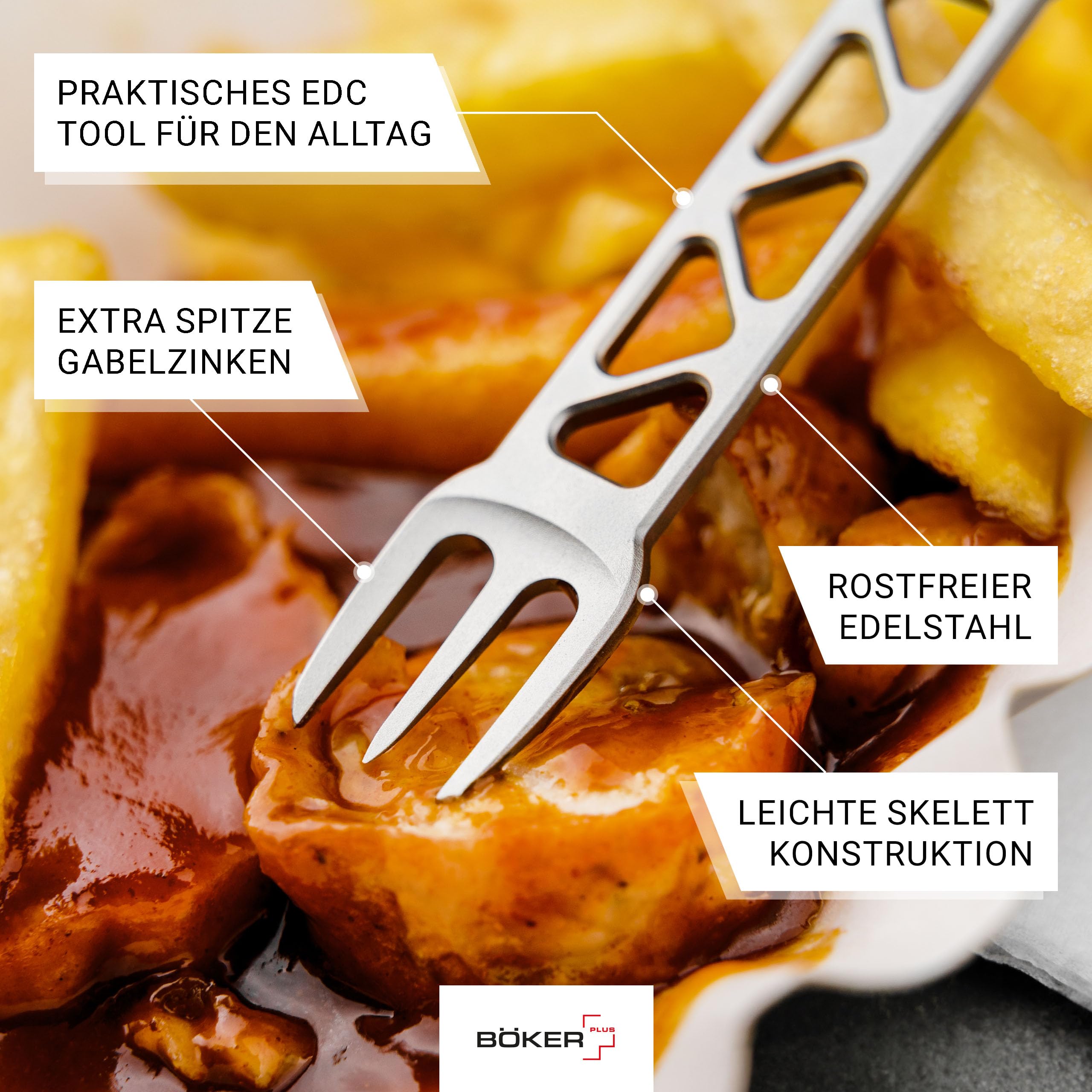 BÖKER PLUS® Metalbite - 3 in 1 Mini Camping Besteck Schlüsselanhänger - Multifunktion EDC Besteck mit Gabel, Löffel & Messer - Skelett Prybar mit Schaber - Pommes-Gabel & Pieker für unterwegs