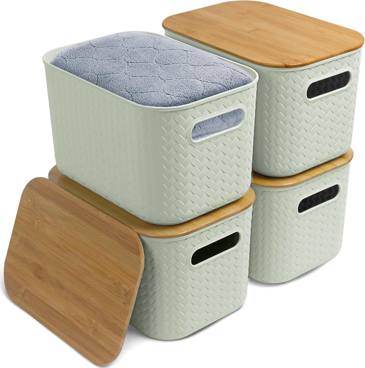 Soddeph 4 Packs Plastic Storage Bins with Bamboo Lids,Stackable Storage Containers with Lids, Storage Baskets for Organizing Desktop, Classroom, Office (Green)