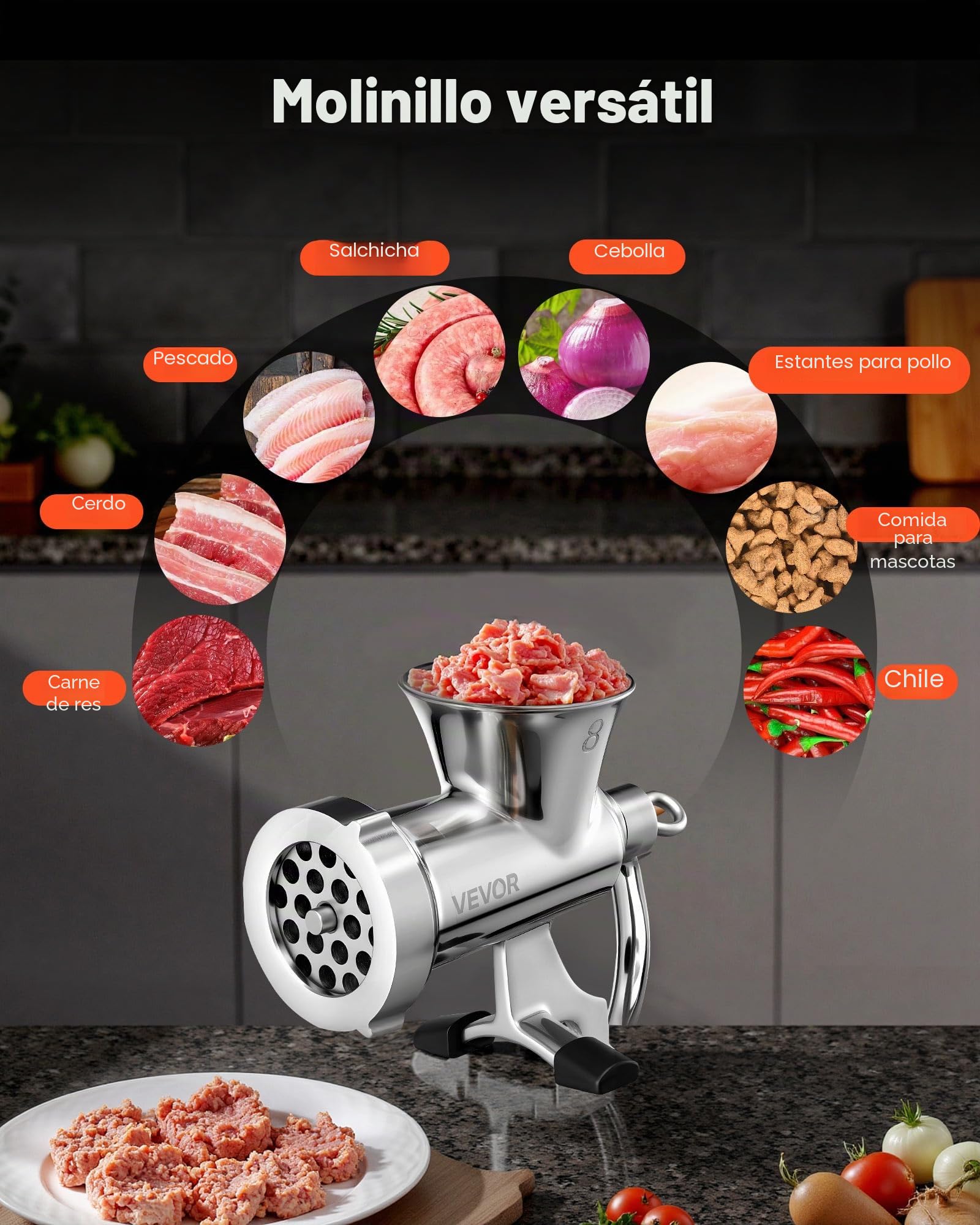 VEVOR Picadora de Carne Manual de Acero Inoxidable 304 con Manivela y Abrazadera de Acero para Mesa Máquina para Moler Carne con Placa de Corte y Tubo Ideal para Carne de Res, Cocina, Restaurante