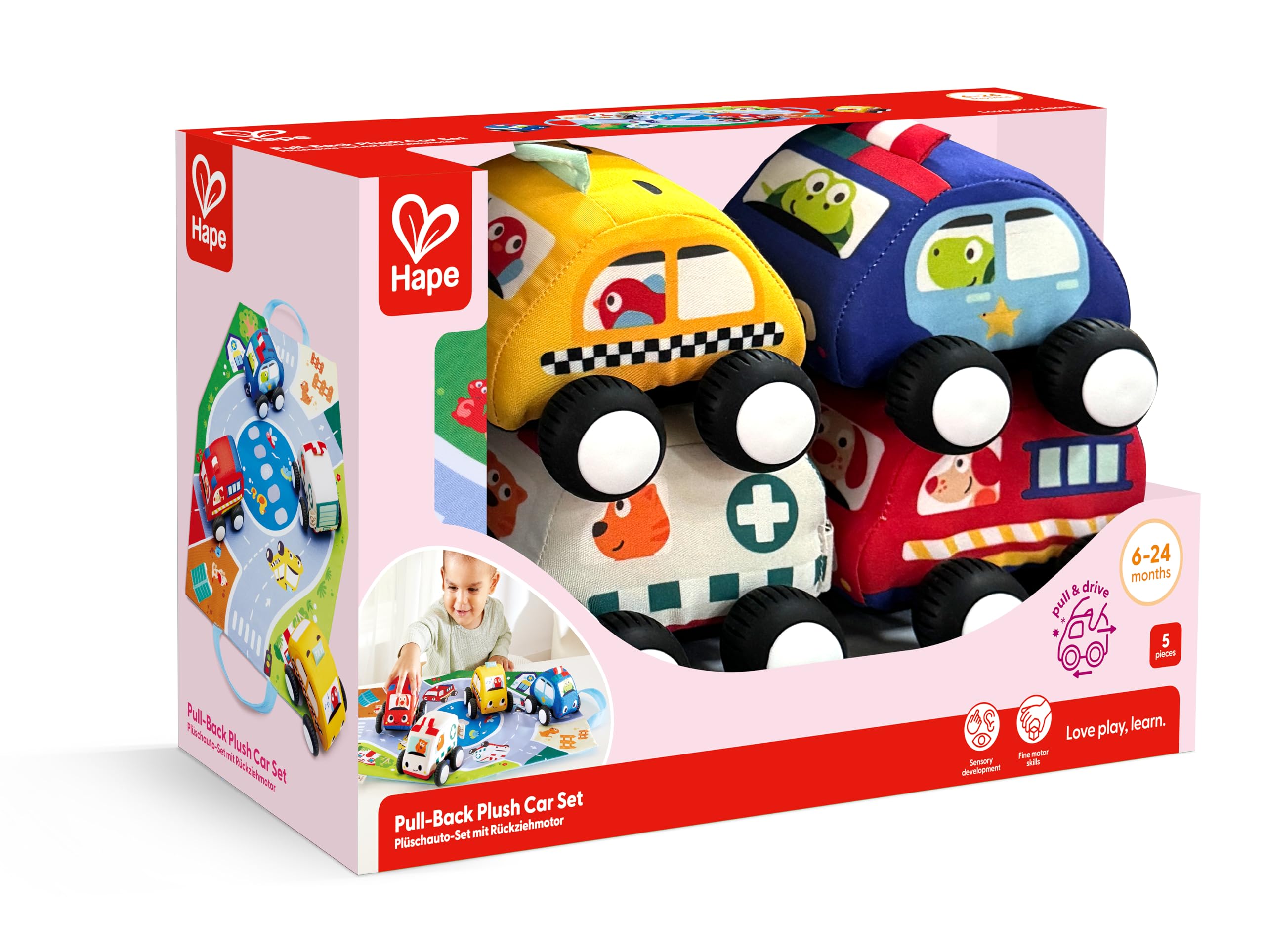 Hape Set auto di peluche con motore a ritiro, composto da camion dei pompieri, auto della polizia, ambulanza e taxi con custodia pieghevole – allo stesso tempo tappetino da gioco
