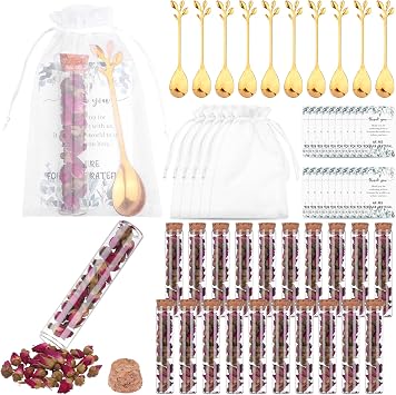 36 Sets Wedding Tea Spoon Party Favors Spoons for Guests Teaspoons Glass Tea Jar with Thank You Cards Organza Bags Leaf Coffee Spoon for Baby Shower Party Bridal Shower Gift Gold,No Flower bud