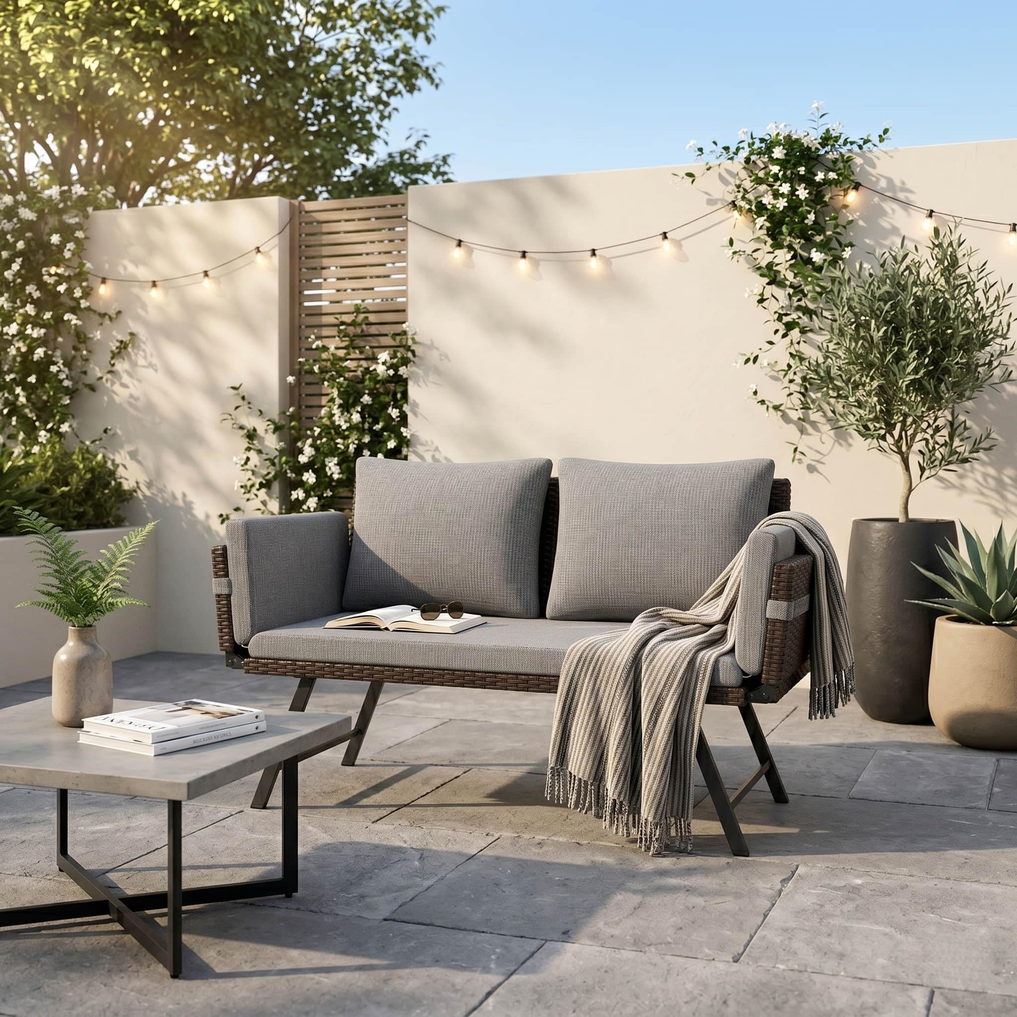Gartenbank Rattan Wetterfest mit Liegefunktion 2-3 Sitzer, Gartensofa & Balkonsofa mit Kissen & Polster, Verstellbare Armlehnen, Bis 220kg, Outdoor Sofa Bank für Klein Balkon, Terrasse, Garten -Grau