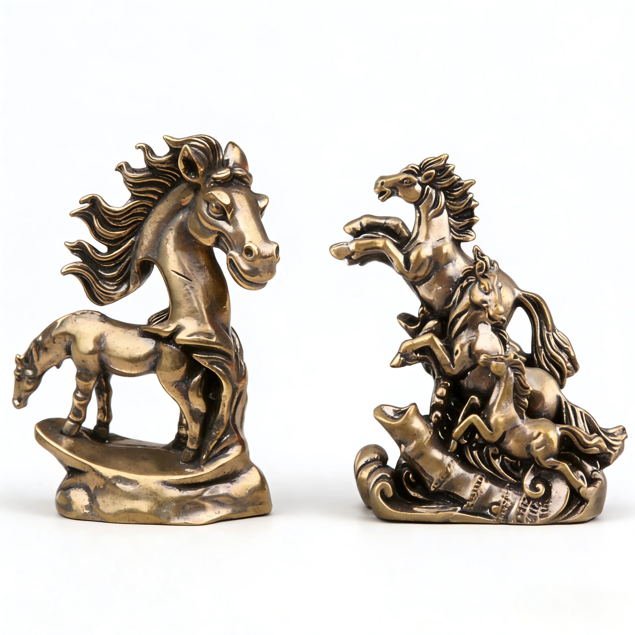 Zestaw 2 figurek koni z mosiądzu, miniaturowe figurki zwierząt dekoracyjnych, rzeźby koni w stylu vintage do dekoracji biurka i biura, małe ozdoby z mosiądzu