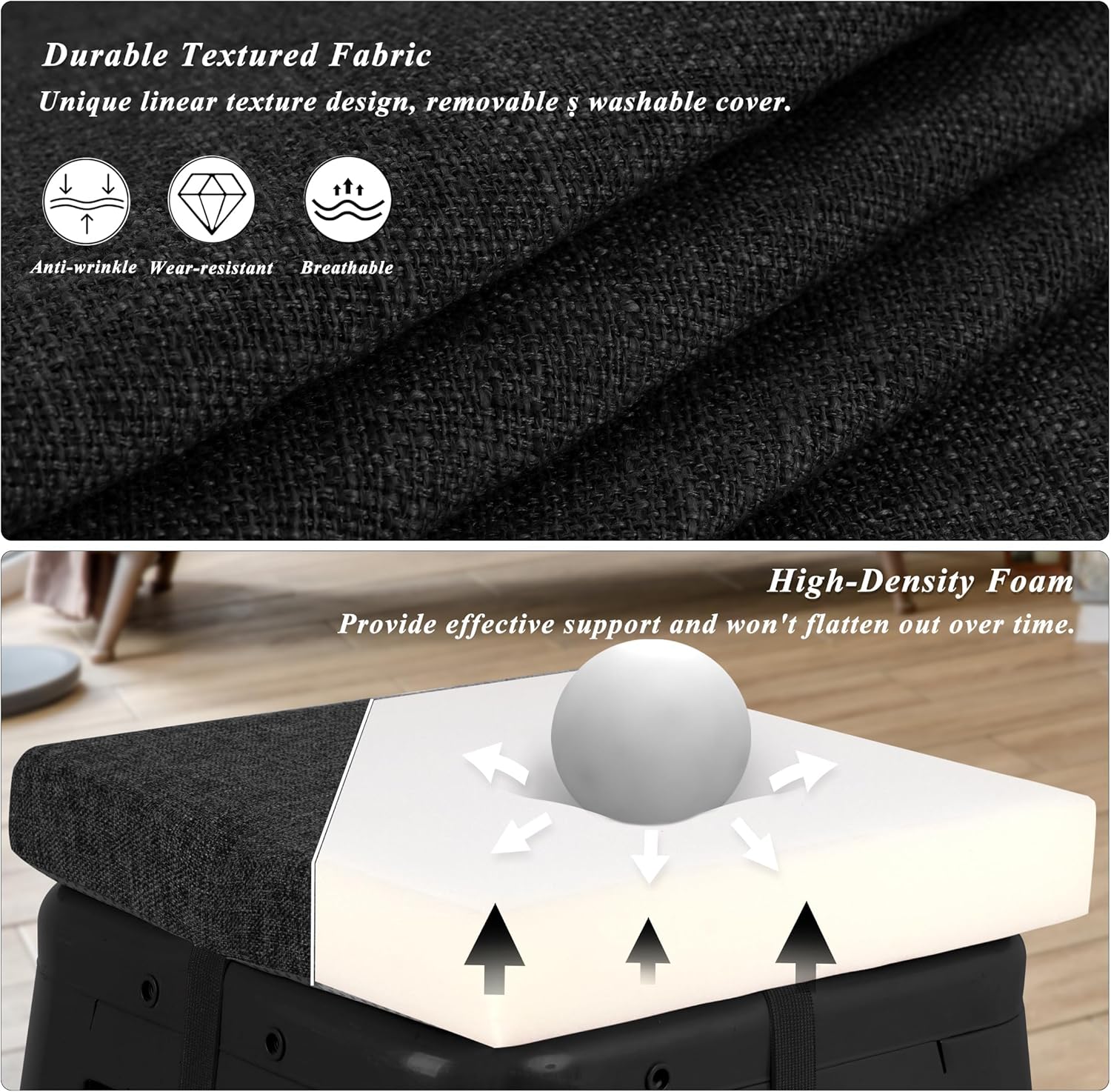 Square Bar Stool Cushions Set of 2 Non-Slip Chair Pads with Ties 2" Thick Chair Cushions with Machine Washable Cover 14" X 14" (Black)