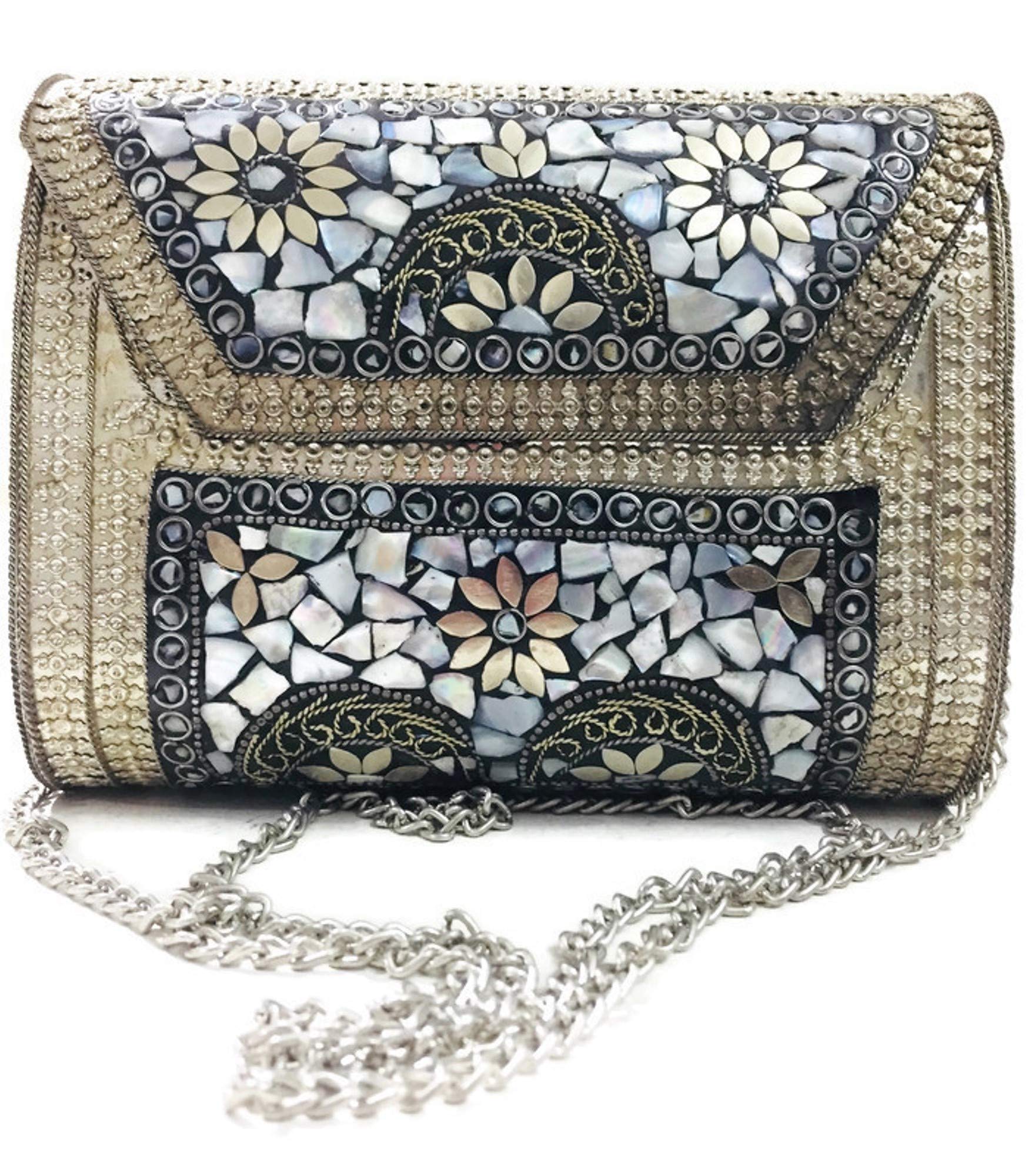 Trend Overseas Antique Indian art Handmade Stone mosaic metal bag Women/Girls Bridal metal clutch party sling bag (Silver) (B08JKX1HKB) Amazon Price History, Amazon Price Tracker