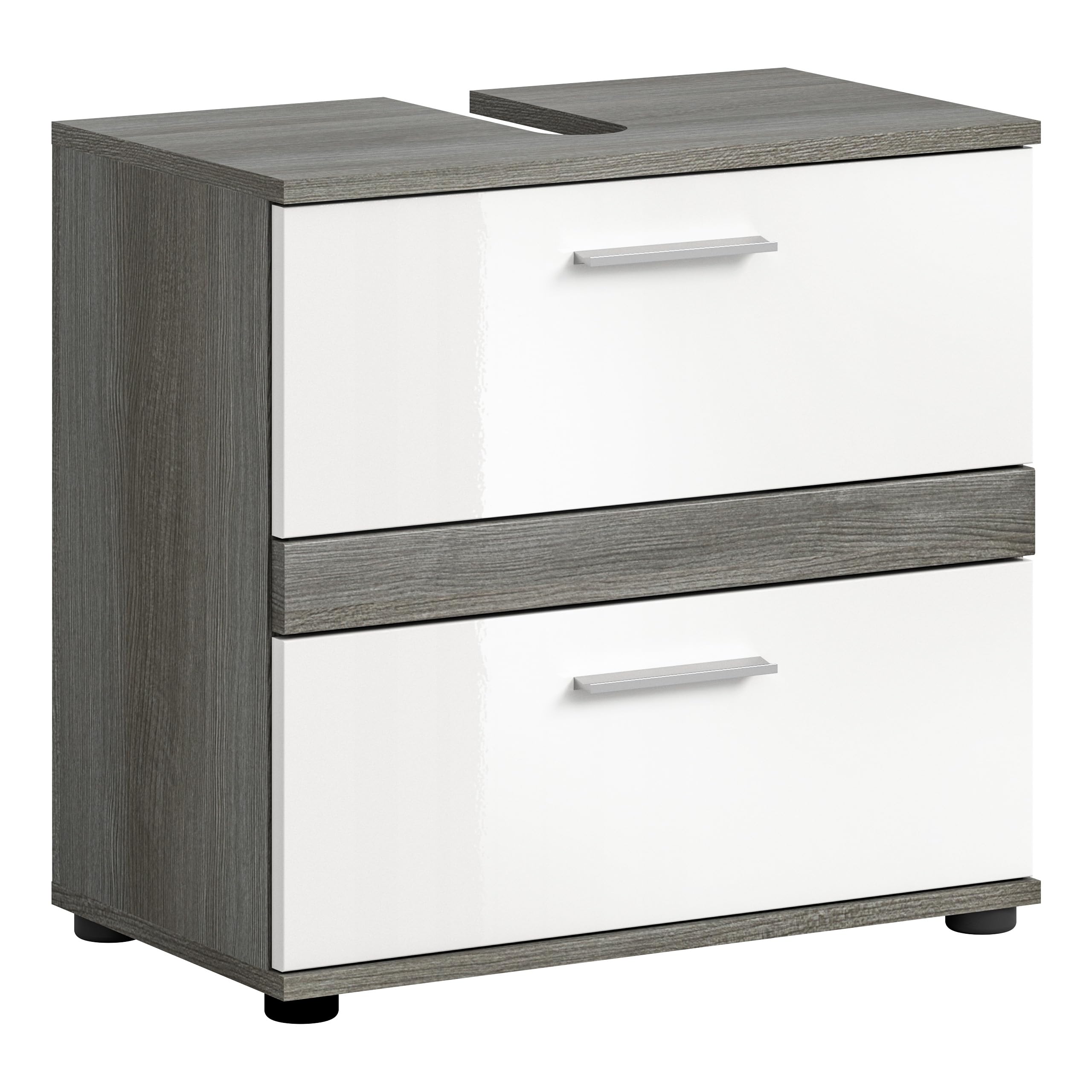 xonox.home Łazienka Blake X02B2707 szafka pod umywalkę szafka z przodu biała wysoki połysk korpus srebro przydymione nb.ok. 60x57x34 cm z 2 szufladami