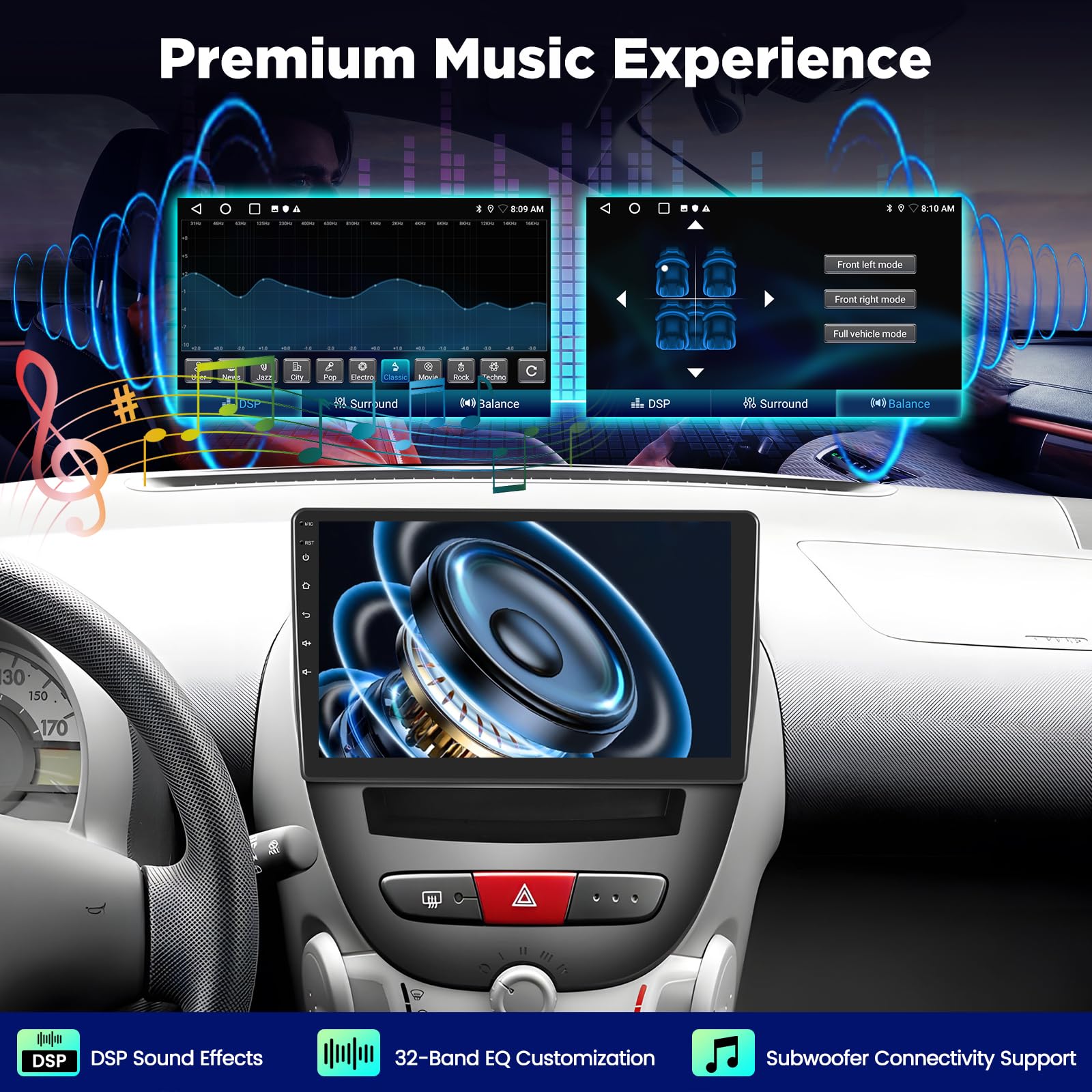 Autoradio Android per Toyota Aygo/Peugeot 107 / Citroen C1 2005–2014, Schermo Touch da 10 Pollici, CarPlay & Android Auto Wireless, GPS, WiFi, DSP, Bluetooth, FM RDS, Supporto Telecamera AHD/OBD/DAB