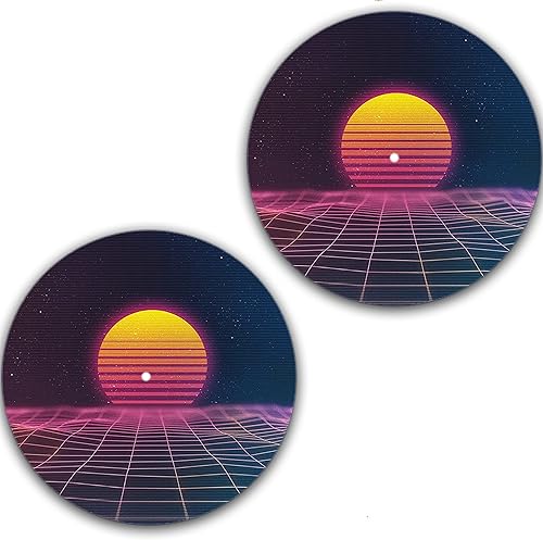 DJ Synthwave 1980 Sun #1 - Almohadillas para rascar, 1200 vinilos de 12 pulgadas, alfombrilla giratoria para tocadiscos, 2 almohadillas para platos
