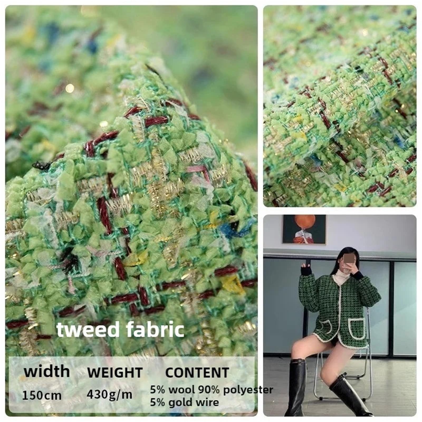 Tradycyjna tkanina tweedowa, Tweed Fabric Wool Polyester Multicolor 100x150cm(Color-04)