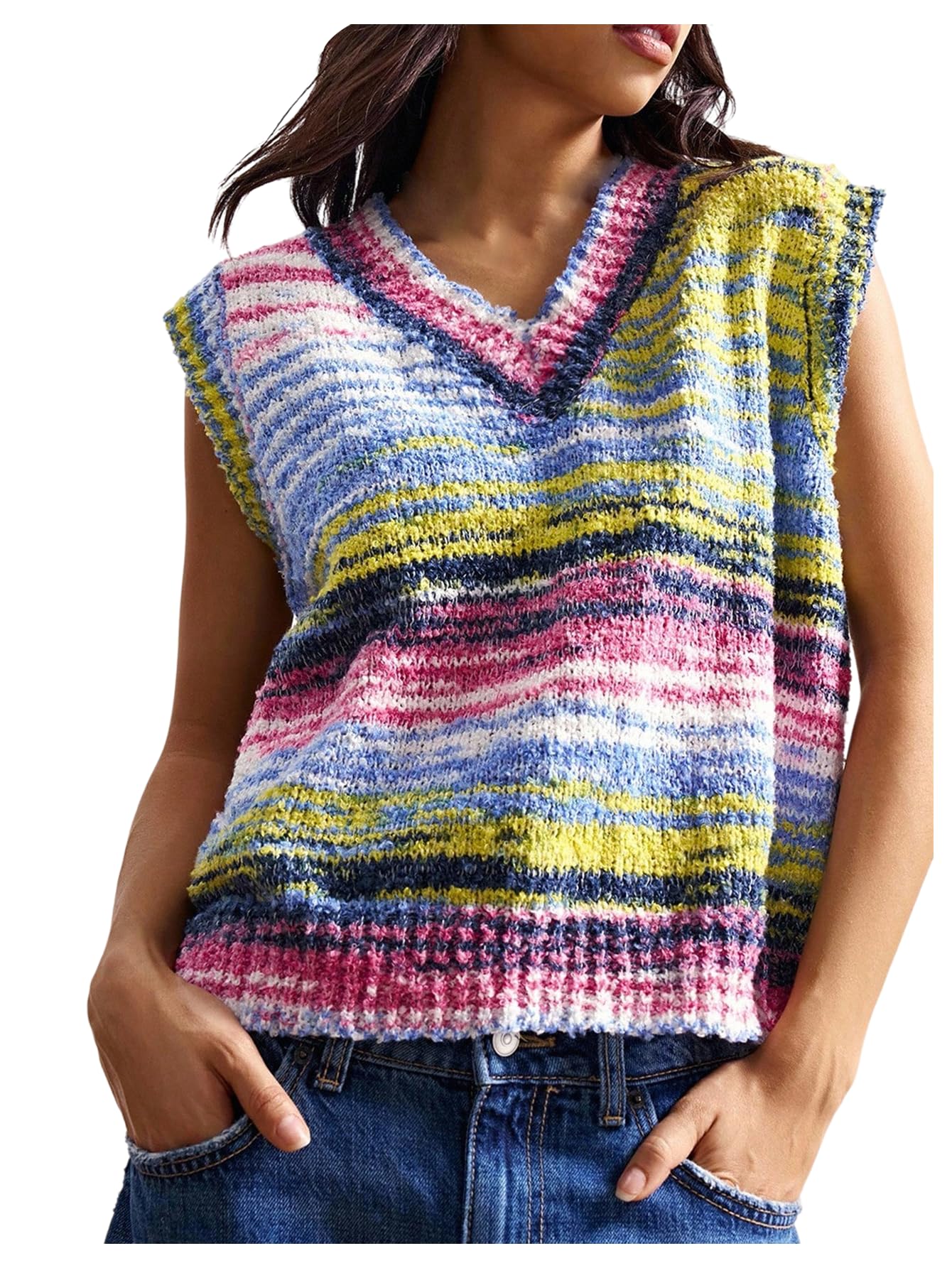 Verdusa Womens Colorful Striped Sweater Vest Vacation Sleeveless Knit Tops