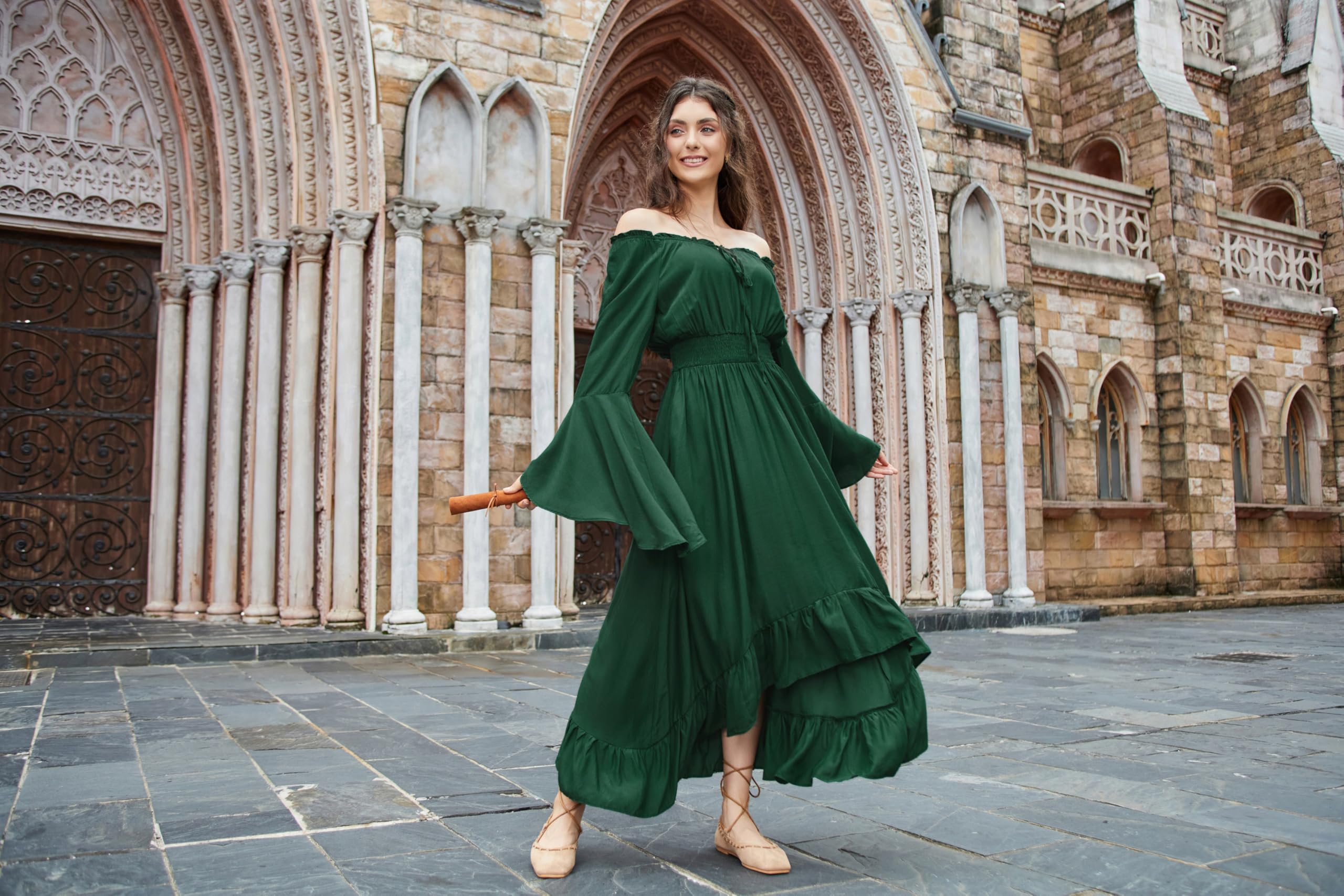 SCARLET DARKNESS Vestido Largo renacentista para Mujer, Cintura ahumada, diseño Alto, Estilo Medieval