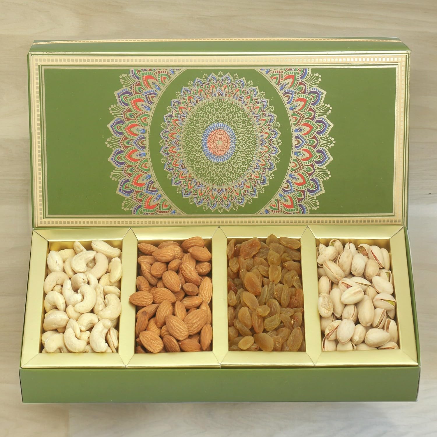 Ghasitaram Gifts Diwali Gifts Long Fusion 4 Part Dry Fruit Box, 200 Grams