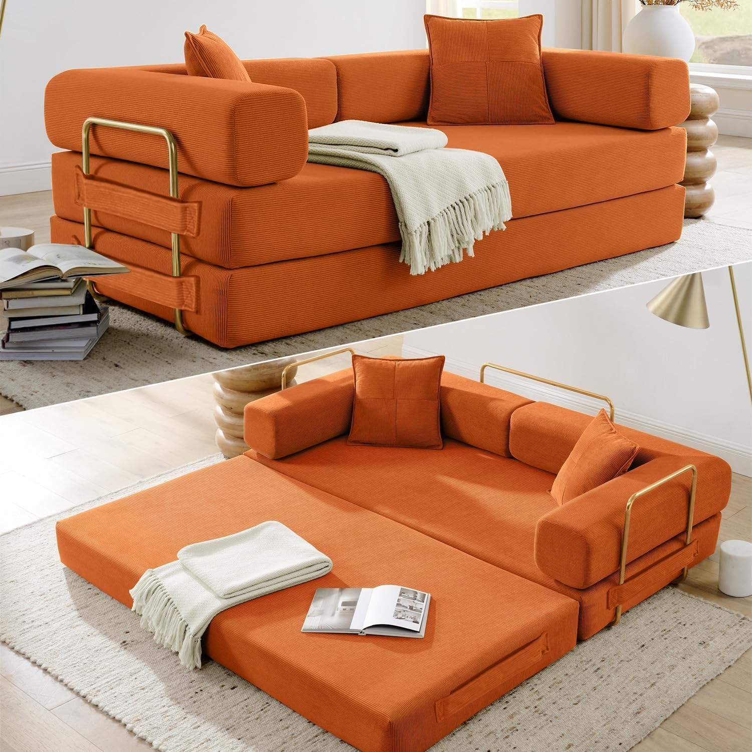 Convertible Folding Sofa Bed, Modern Futon Sleeper Sofa Fold Out Couch Bed with Gold Fixed Frame, Modular Floor Sofas Comfy Corduroy Boneless Couches for Living Room (78" Orange)