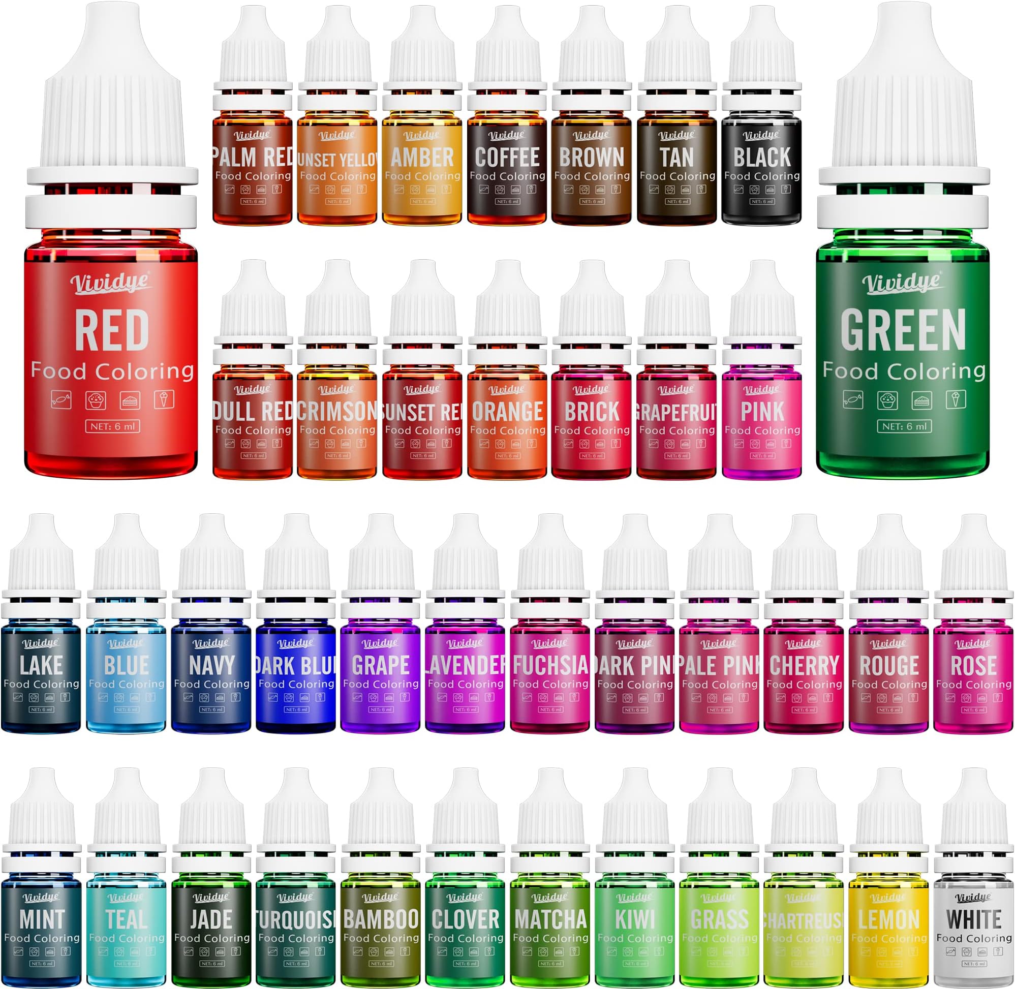 Food Colouring Set - 40 Vivid Colours Food Colouring Set for Baking, Cake Decorating, Icing, Cookie, Fondant and Macaron - Liquid Tasteless Food Colour Dye for DIY Soap Making and Crafts - 6ml Each