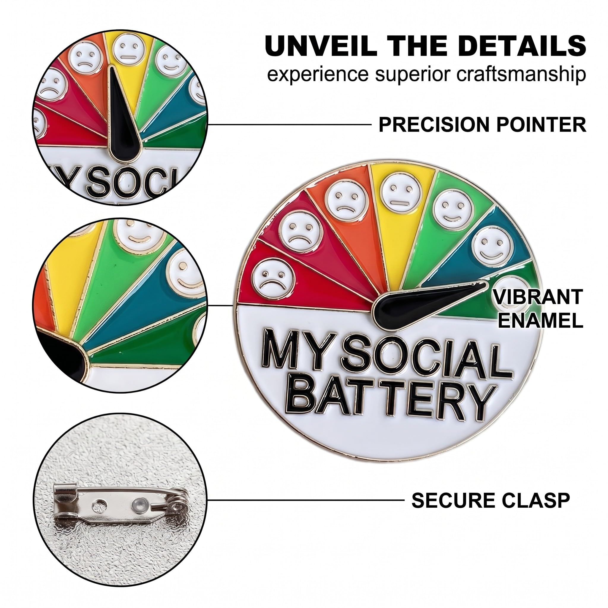 Pin Batería Social, 2 Piezas Broche de Estado de Ánimo Divertido para 7 Días, Pin Social Battery Interactivo de Metal con Bolsa de Terciopelo, Pines para Ropa y Mochilas, Oro y Plata — view 8