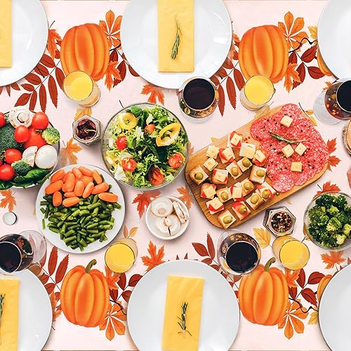 Miniatura 9 de Hosuly 3 manteles de otoño, mantel de plástico desechable con calabaza de Acción de Gracias, funda de plástico para mesa, rectangular, calabaza,