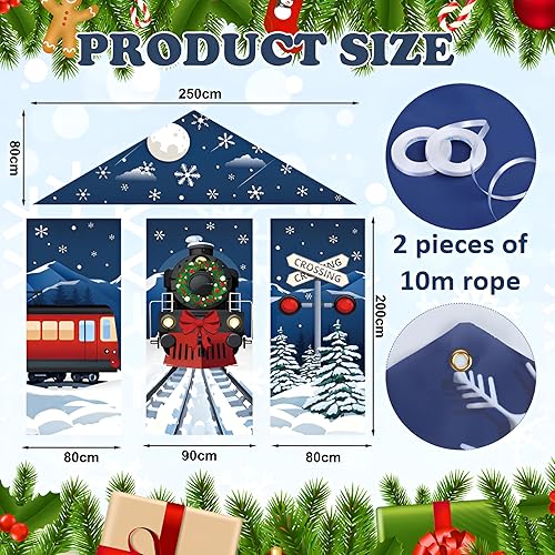 Miniatura 2 de Kathfly 4 piezas de decoración de tren de Nochebuena para porche, tren de noche nevada, pista de ferrocarril, pasillo, casa, puerta, telón de fondo,