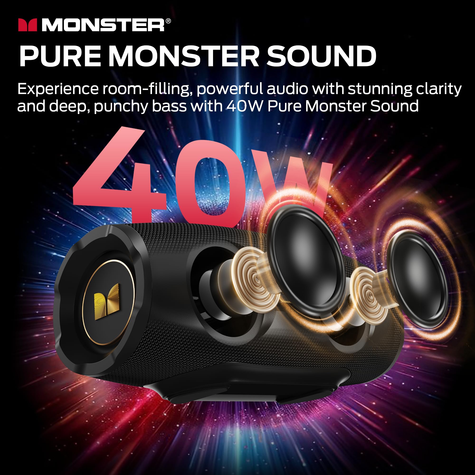 Monster S380 Bluetooth Speaker, Portable Speaker with 40W Stereo Sound, Bluetooth 6.0, 20H Playtime, TWS Pairing, Support AUX/TF Card, IPX6 Waterproof Wireless Speaker for Home, Travel, Outdoor - 2