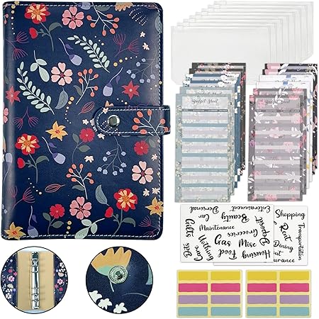 YoeeJob A6 Flower Pattern Budget Binder with 8 Packs Zipper Binder Pockets and 12 Packs Budget Sheets, 29 Packs Word Stickers and 2 Self-Adhesive ...