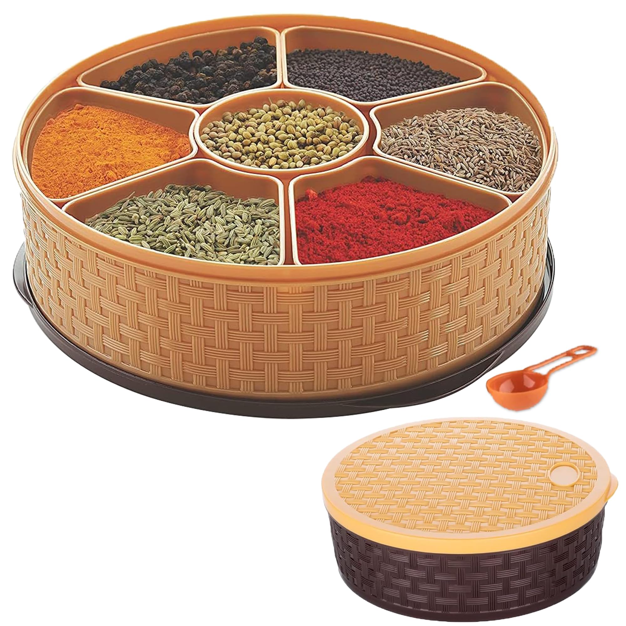 Pick N Save Plastic Spice Box with 7 Compartments - Multipurpose Masala Dabba Organizer for Kitchen (Round)