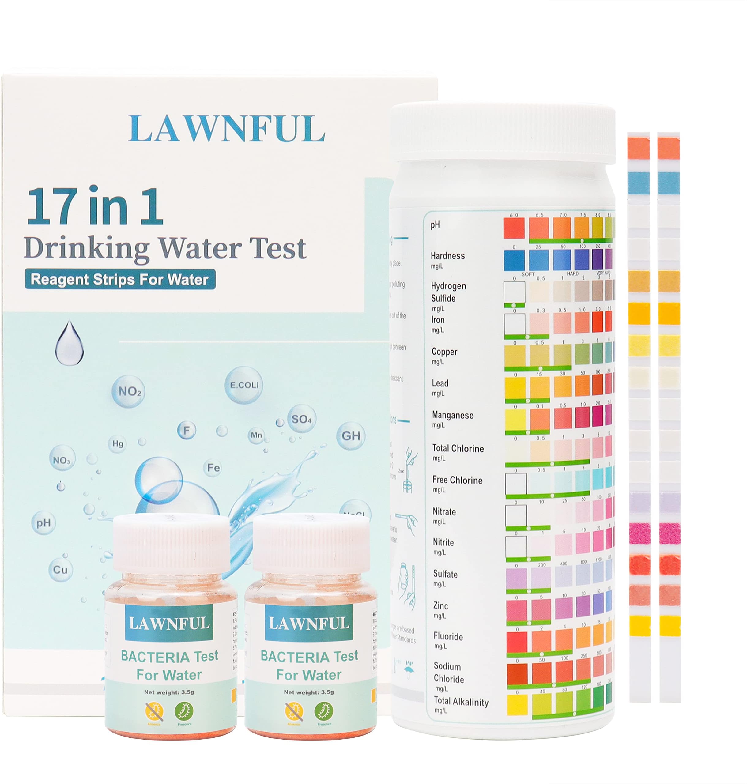 LAWNFUL17-Way Drinking Water Test Kit, 2 Pcs Coliform Bacteria Test Kit & 100 Water Test Strips, Home Water Quality Test Kit Detect pH, Copper, Lead, Iron, Hardness, Chlorine, E.Coli and More