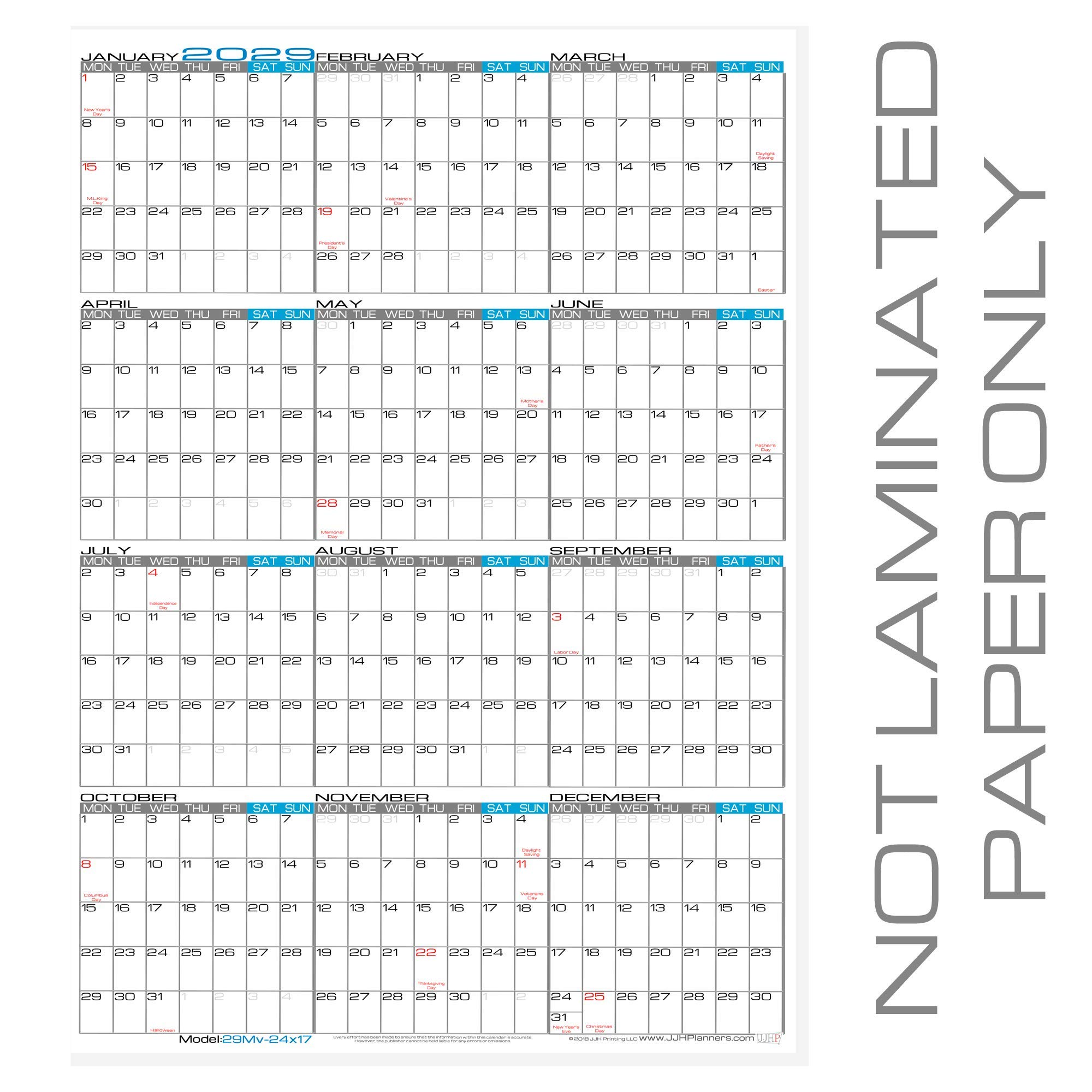 Amazon.com: JJH Planners - Paper - 24" x 36" Large Monday Start Week 2029  Wall Calendar - Vertical 12 Month Yearly Annual Planner (P-29Mv-24x36) :  Office Products