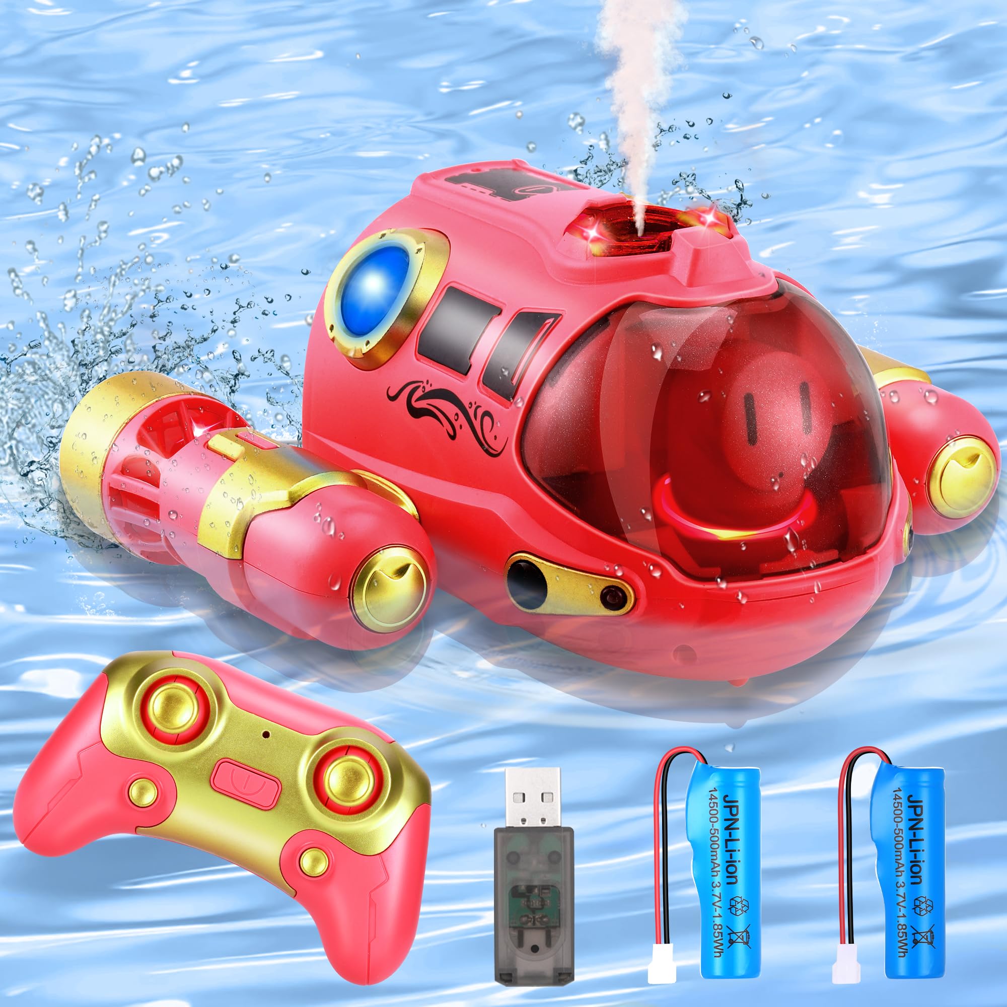 Barco Teledirigido Niños, Barco RC con Spray/luz de luz, Lancha Teledirigida con 2 Baterías Recargables, 2.4GHz RC Juguete Barco para Piscinas y Lagos, Regalo para niños y niñas