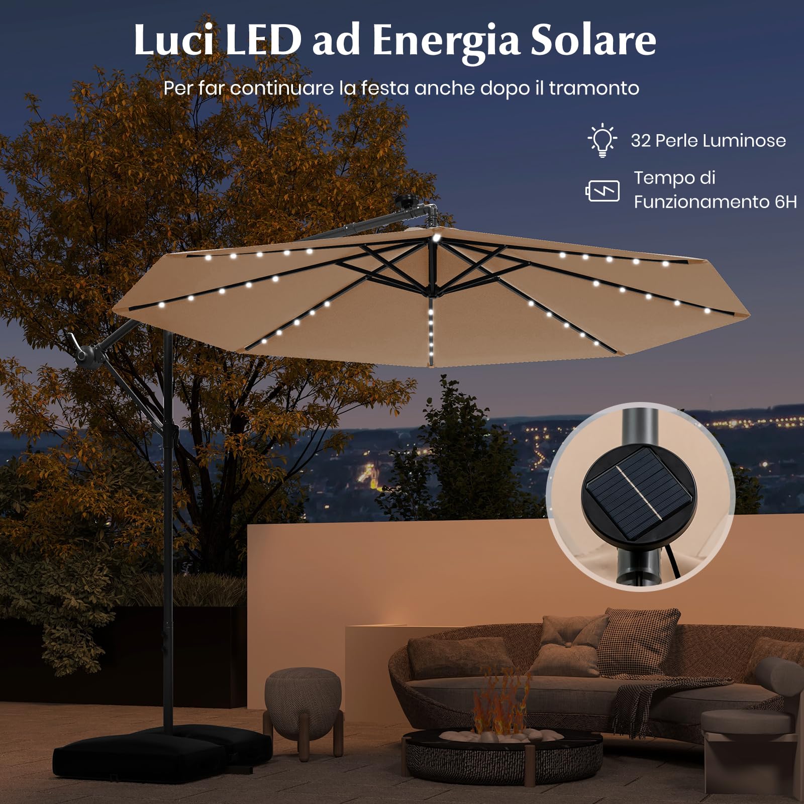 RELAX4LIFE Ombrellone da Giardino 3x3M con Luci a LED, Ombrellone da Balcone con Base a Croce e Sacco di Sabbia, Protezione Solare