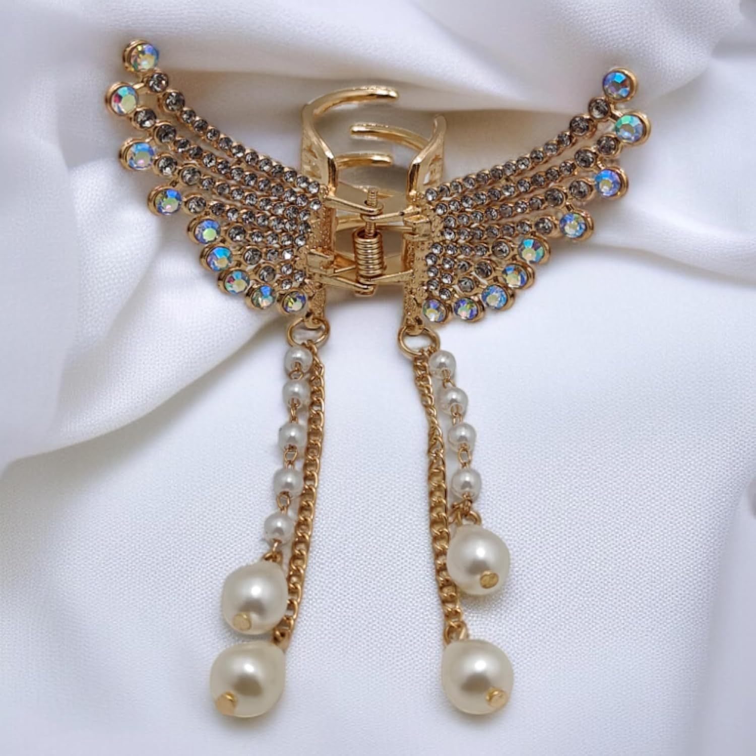 Elegant Angel Wings Rhinestone Hair Clip Crystal Hair Accessory with Pearl Pendant Chains Sparkly Decorative Hair Clip for Women and