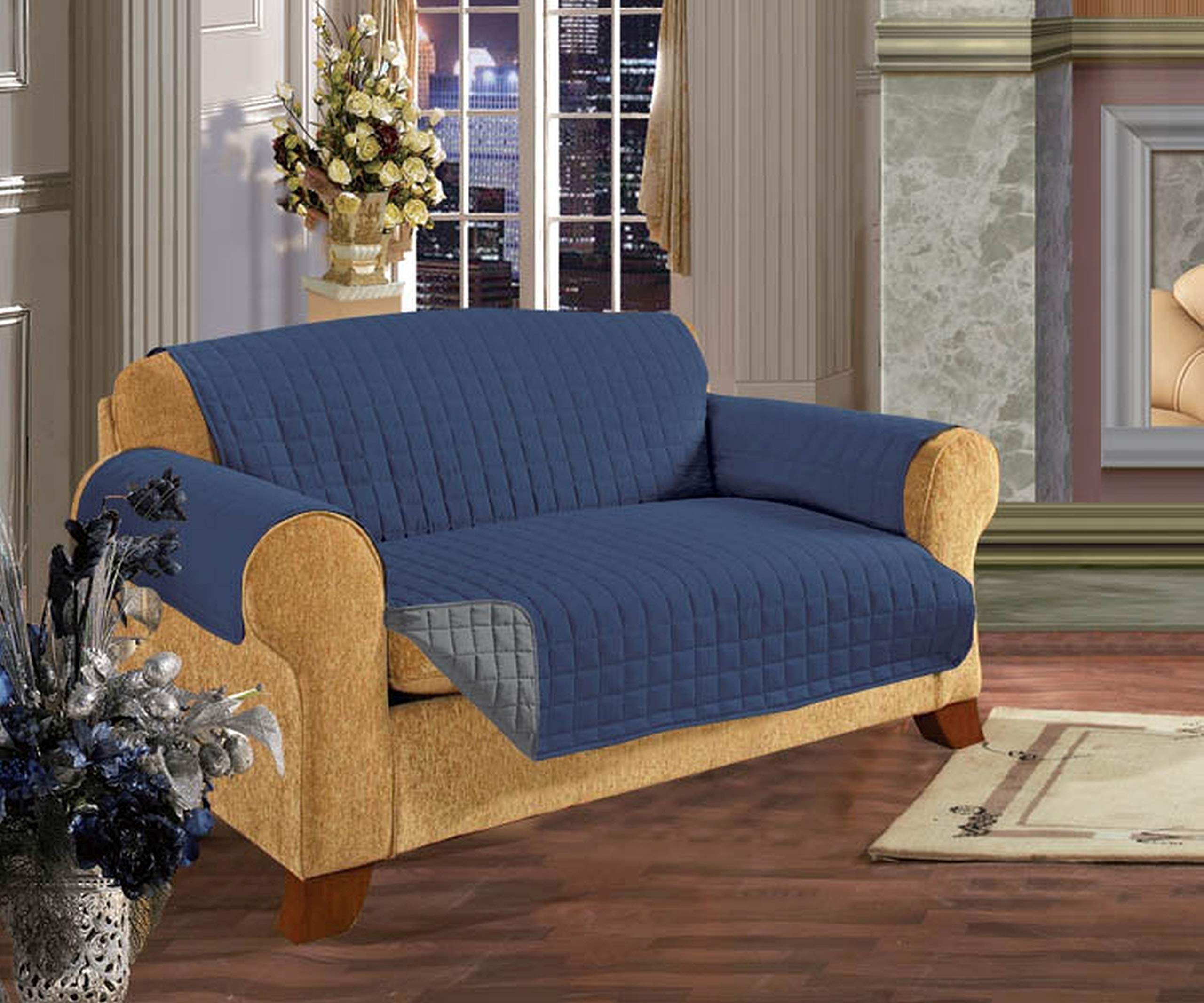 Elegance Linen Reversible Furniture Protector Luxury Slipcover/Furniture Protector Great for Pets & Children with Straps to Prevent Slipping Off, Sofa Size, Navy Blue/Gray
