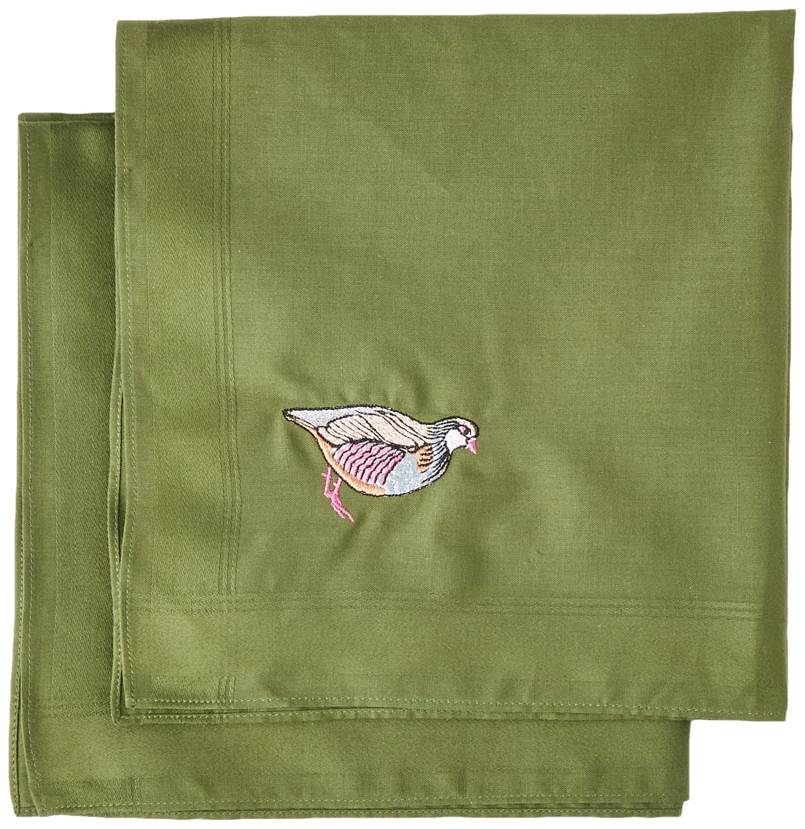 Dalaco Men's Green Two 40Cm Square Cotton Embroidered Handkerchiefs With A Partridge On One And A Woodcock On The Other