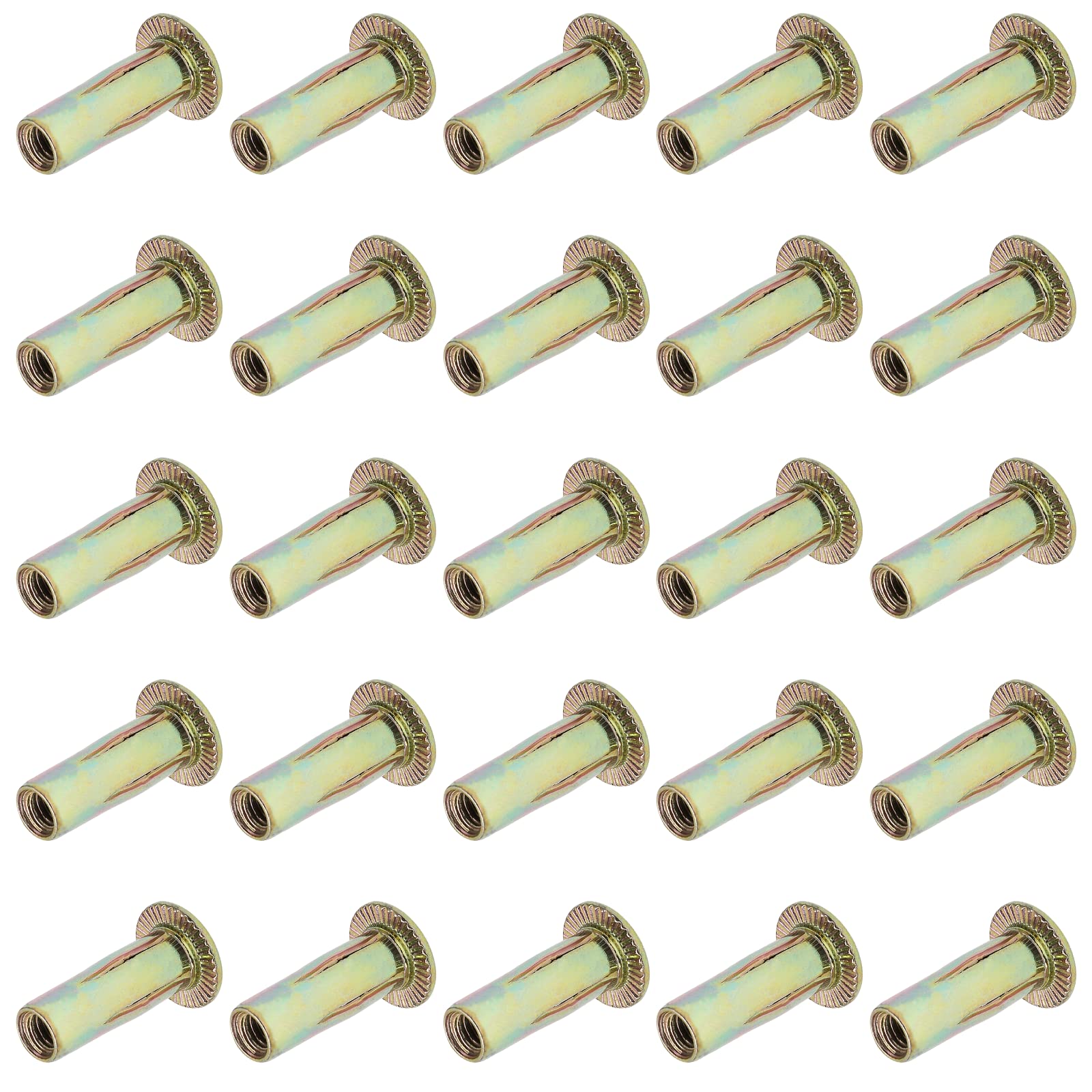 Moicstiy 25Pcs M6 Steel Multi Grip Rivet Nuts Pre Bulbed Shank Zinc-Plated Flat Head Threaded Insert Nut Construction Fasteners for Industrial
