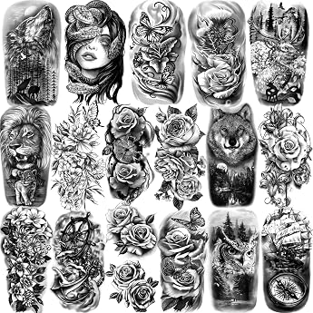 77 Sheets Temporary Tattoos for Men Women Half Arm Snake Eagle Wolf Flowers Realistic Fake Stickers Fake Tattoos Long Lasting for Children Adults