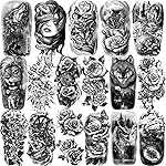 77 Sheets Temporary Tattoo for Men and Women, 17 Sheets Half Arm Chest Shoulder Fake Tattoos, 60 sheets Tiny Black for Adults, Waterproof Realistic Tattoos Long-Lasting