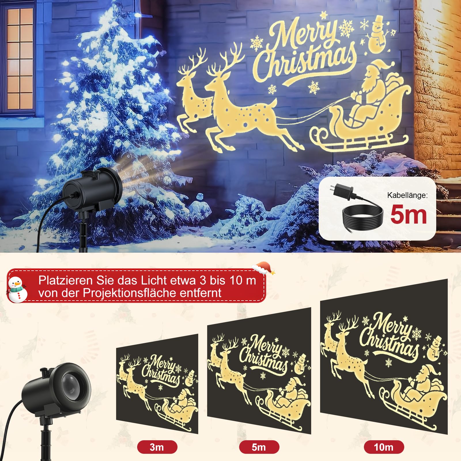 Weihnachten Deko Outdoor Innen,3D Dynamische Halloween Projektor, Wasserdicht LED Projektionslampe mit Schlitten,Jesus,Schädel,Fledermaus für Wand Friedhof Fenster Garten Hof Party Deko Projector