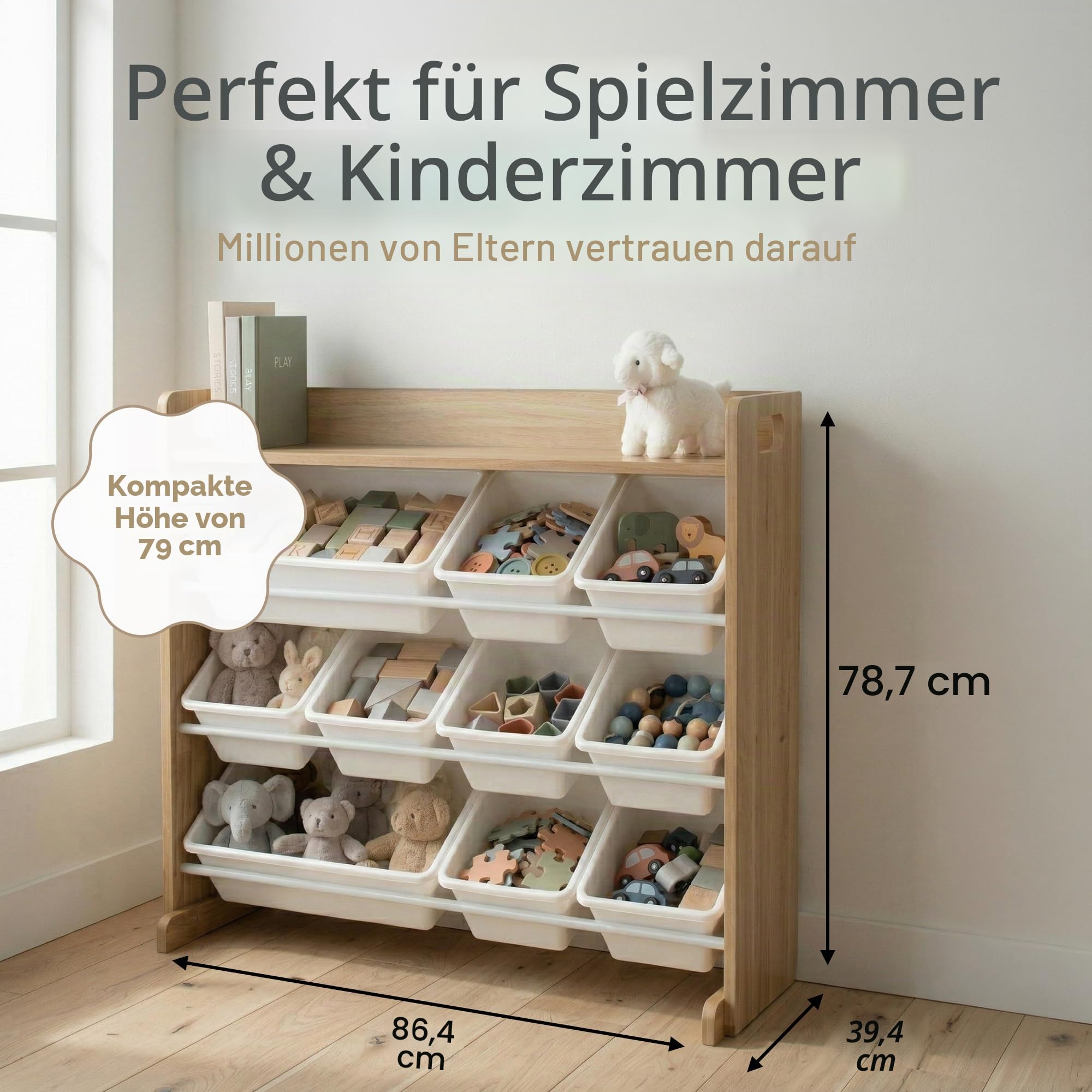 Humble Crew Kinderregal – Spielzeugregal mit 9 Aufbewahrungsboxen, Aufbewahrungsregal für Kinderzimmer, Natur/Weiß