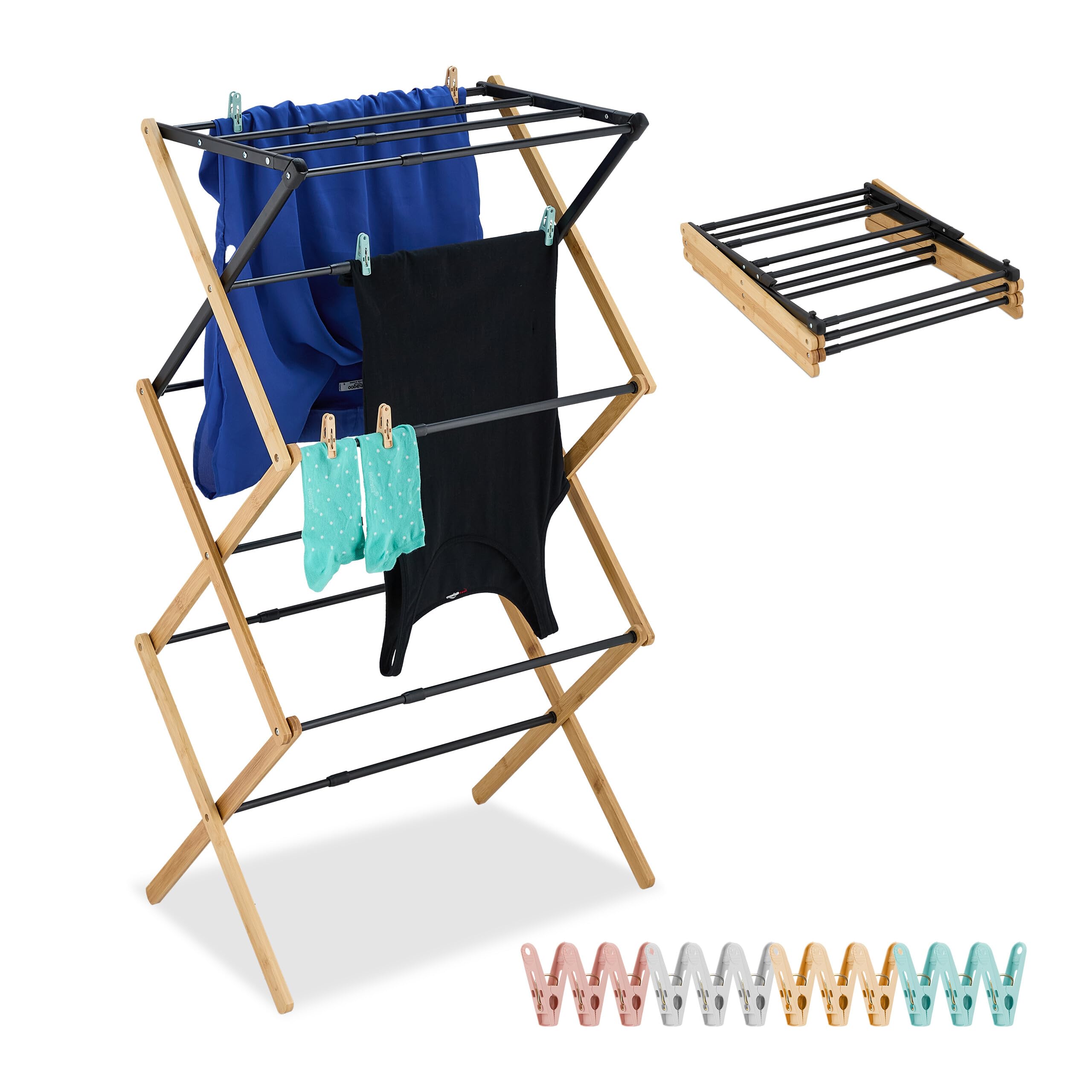 Relaxdays Stendibiancheria Pieghevole, Stendino Verticale a Torre, 11 Aste, Mollette, 105x43-75x37 cm, bambù e Acciaio
