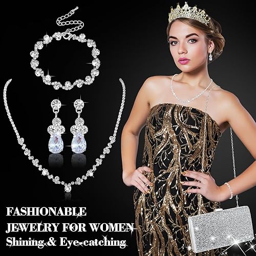 Vista 3 de Mixweer Juego de 4 piezas de bolsos de mano para mujer, juego de joyas de diamantes de imitación de noche, collar, aretes, pulseras para boda