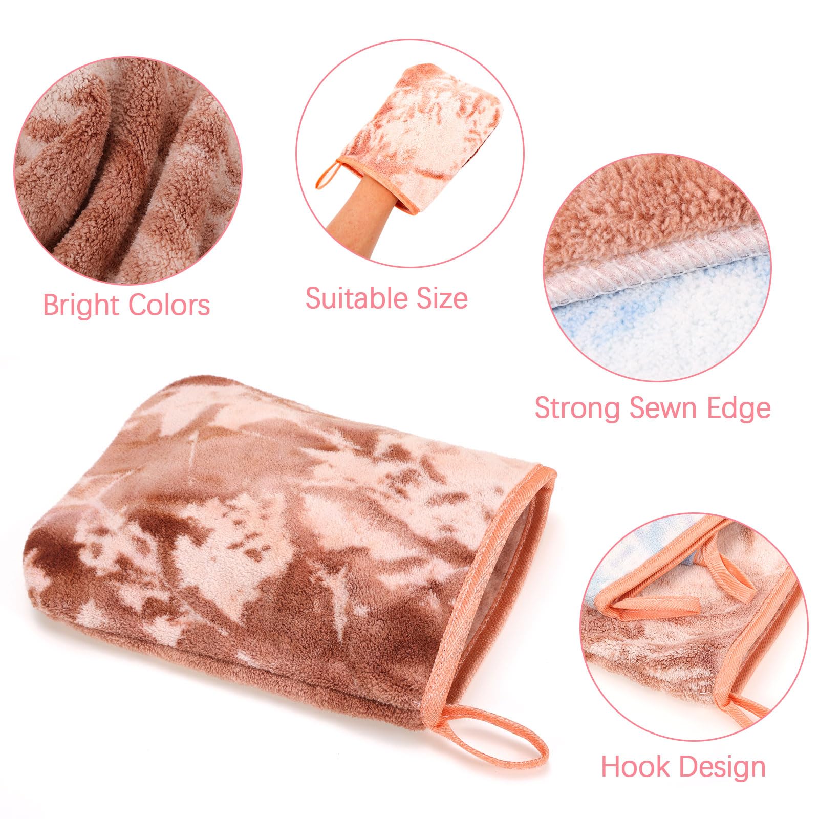 PHOGARY 6 Gants De Toilette Taille 15x21 cm, Très Doux & Absorbant Gants en Polaire Corail, Densité élevée Petite Serviette Main pour Visage, Serviette Invité Tie-Dye avec Boucle de Suspension
