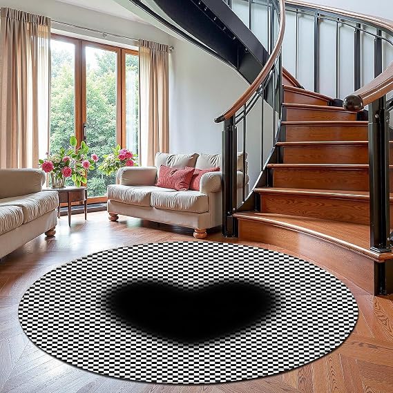 Modern Geometric Round Rug,Black and White Checkered Area Rug Carpet,Small Bedroom Mats and Rugs,Washable Non Slip Rugs for Living Room Bedroom Entryway Play Room Office,C,40cm